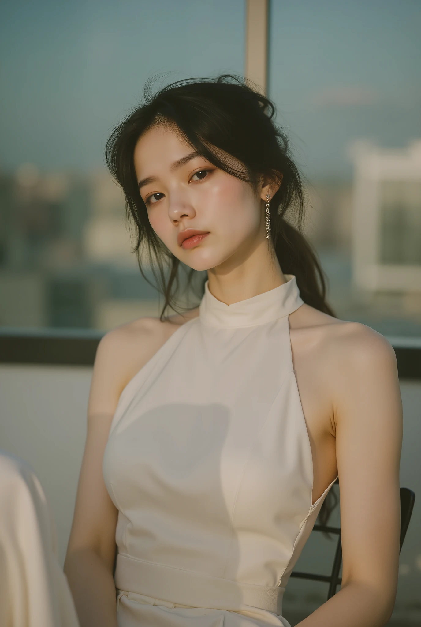 { "prompt": { "type": "image_generation", "style": "ultra-realistic", "setting": { "type": "studio portrait", "background": "minimalist studio background", "props": ["a single metal chair"] }, "subject": { "description": "A young woman", "mood": "Confident, elegant, intimate" }, "appearance": { "hair": { "color": "black", "style": "long, wavy, tousled, tied in a high, messy ponytail" }, "attire": { "dress": "elegant black dress with thin straps and a low back", "footwear": "thigh-high patent leather boots" } }, "pose_and_composition": { "position": "Sitting sideways in the metal chair", "legs": "Legs crossed", "hands": "Slightly raised", "gaze": "Looking intimately at the camera", "framing": "Full-body or three-quarter shot" }, "lighting": { "description": "Professional studio lighting", "quality": "Soft yet defined, creating subtle shadows that enhance her features and the texture of the dress and boots" } } }