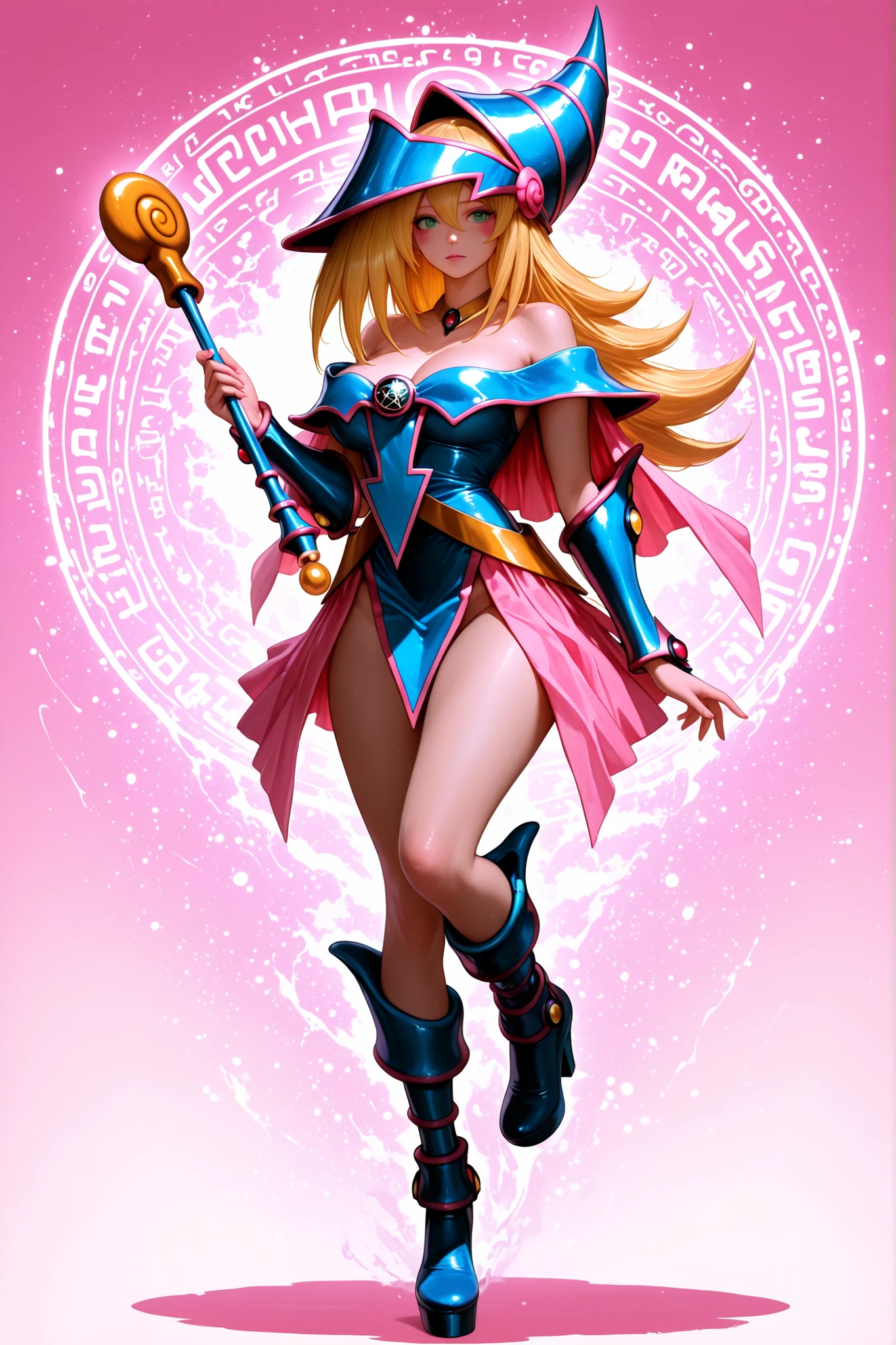 Dark Magician Girl with realistic clothes, less big hair, high platform pumps instead of her usual footwear, tiara instead of her usual hat, chocker instead of her usual necklace.