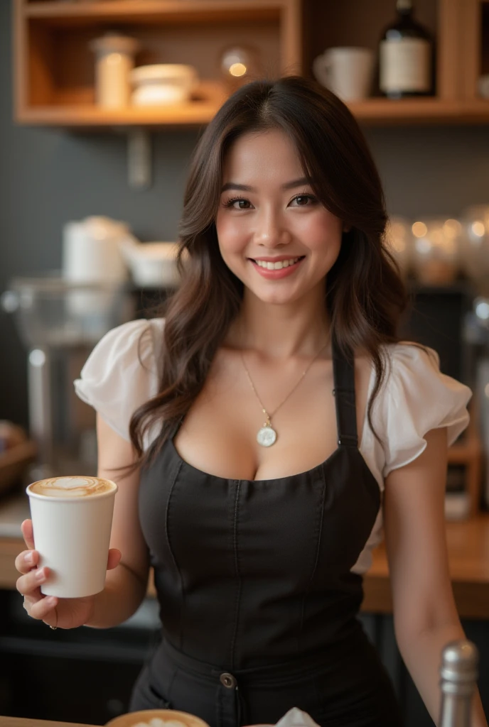 Roasty, (Sexy Barista:adiant smile,((Coffee beans:1.3) in hand), Best quality:1.1, Wearing medium-sized apron, Browning roasting beans, Dynamic lighting, Cinematic lighting, Detailed  features, Eyes sparkling with enthusiasm, Cleavage subtly visible under low-cut neckline, Thigh-high boots, Sophisticated pose, Leaning on the counter, Steam rising from the coffee machine, Whipped cream on the tip of the finger, Luscious lips, Full screen view, 8K resolution, Realistic details, Fine texture on the skin, Ultra-det
