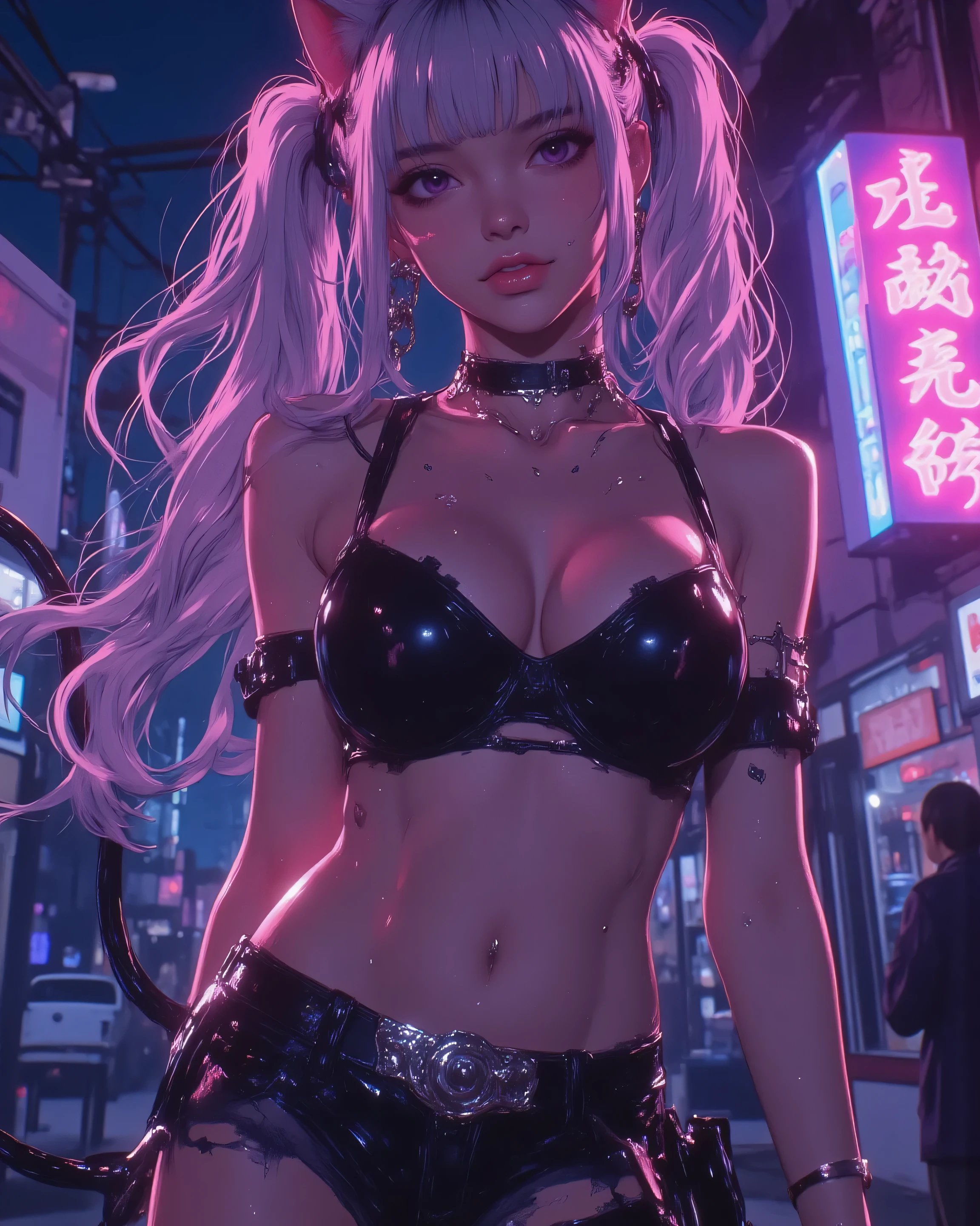 masterpiece, best quality, ultra-detailed, 8k, absurdres, 1girl, solo, cat ears, fluffy cat ears, cat tail, long silver hair with pink highlights, twin tails floating, gradient purple-pink eyes, seductive smile, slightly visible tongue, looking at viewer,
cropped black tank top, underboob tease, completely exposed midriff, toned abs, glistening skin, sweat droplets, shiny navel piercing (silver ring + dangling chain + small gem), detailed navel jewelry reflection, ultra short denim hotpants with frayed edges, low rise, hip bones visible, black thighhigh stockings with garter belt,
perfect anatomy, extremely detailed skin texture, subsurface scattering, dramatic rim lighting, neon night city background with pink and blue signs, god rays, depth of field, sharp focus, intricate details, cinematic lighting, (dynamic pose:1.2), cowboy shot