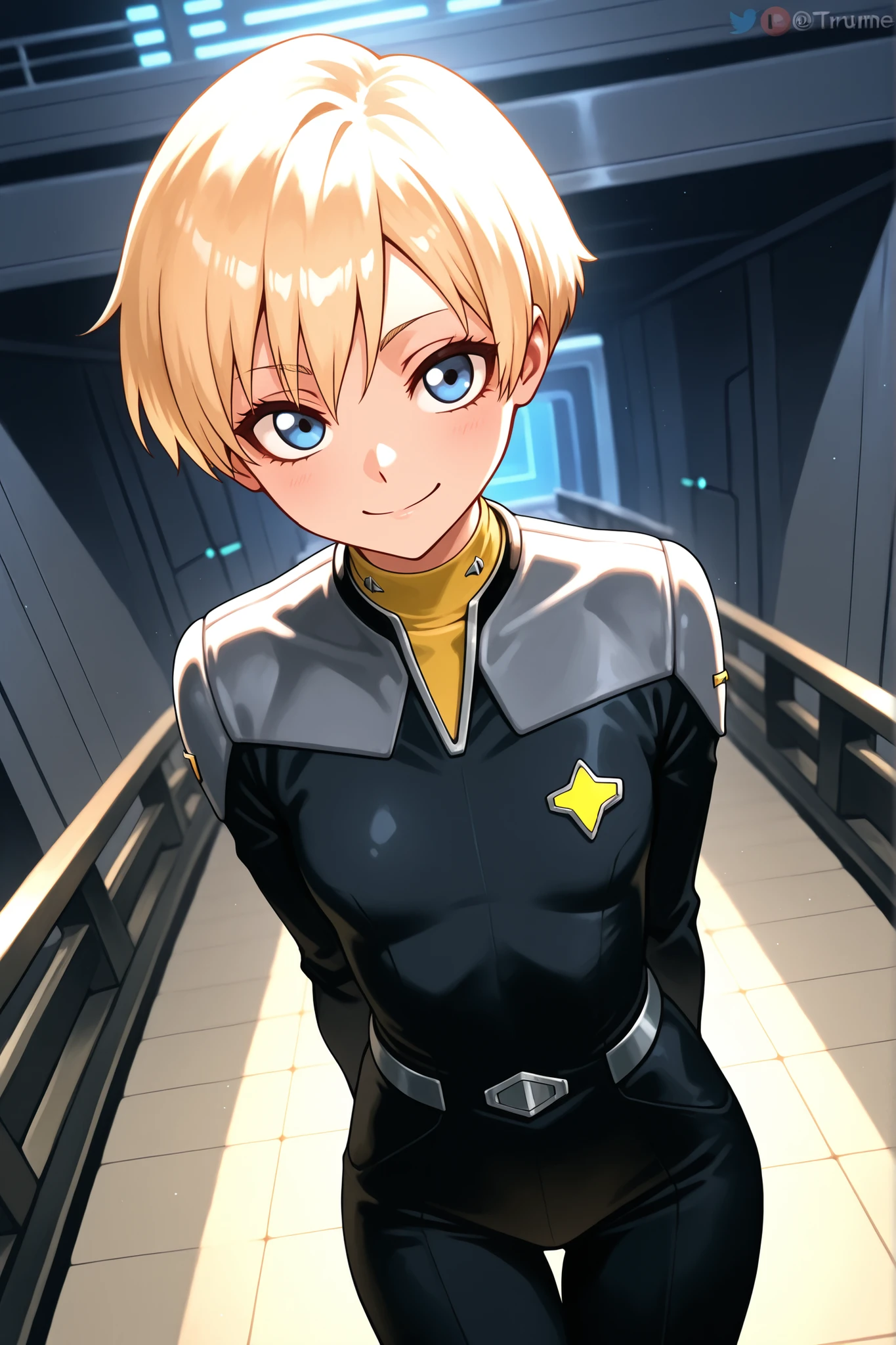 Masterpiece, highly detailed, beautiful woman, character, Star Trek,_petite_, thin eyebrows, cute face, blue eyes, tarume eyes, friendly smile, light blonde hair, short hair style, fair_completion, ds9st,black and grey star trek uniform,grey shoulders,yellow neck,black jumpsuit, hands behind back, bending at the waist, Enterprise bridge set, Bleach art style, flat angle shot, 