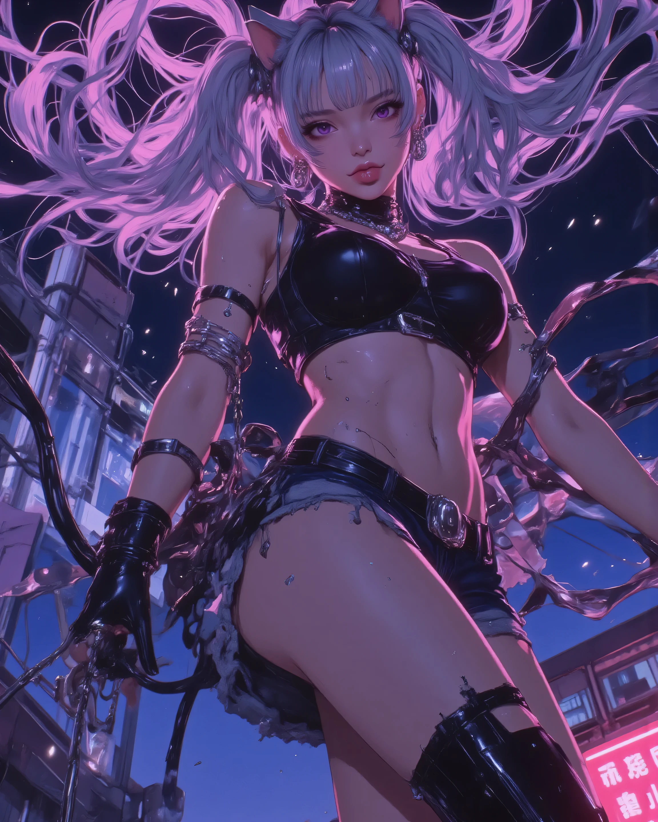 masterpiece, best quality, ultra-detailed, 8k, absurdres,
1girl, solo, cat ears, fluffy cat ears twitching, silver long hair with pink highlights flowing in the wind, twin tails whipping dynamically, cat tail swaying wildly, gradient purple-pink eyes, mischievous grin, tongue out,
action pose, jumping high in the air, dynamic angle from below, legs kicked up, body twisted mid-spin, motion blur on hair and tail,
cropped black tank top lifting from movement revealing underboob, toned midriff fully exposed, glistening sweat flying off skin, shiny navel piercing (silver ring + long dangling chain + gem swinging wildly), detailed abs flexing, ultra short frayed denim hotpants riding up from jump, hip bones and lower abdomen visible, black torn thighhigh stockings with garter straps stretching,
wind effect, fabric fluttering, hair ribbon trailing, sparkling particles in air, dramatic rim lighting, neon city night rooftop background, pink and blue neon signs reflecting on skin, god rays, lens flare, depth of field, motion lines, speed lines, extremely detailed skin texture, subsurface scattering, cinematic action illustration, (dynamic motion:1.4), (intense action:1.3), cowboy shot tilting