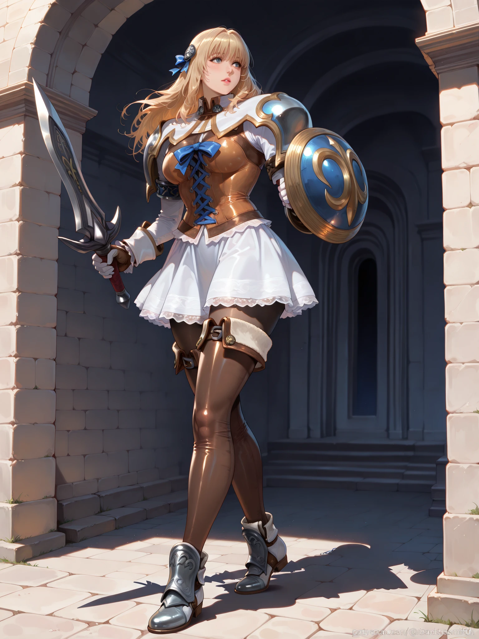 fight,sword,shield,Soft Touch,Delicate Body Curves,Realistic Human Body,Pura,Soul Calibur,The Blacksmith's Daughter,The Bakery's Granddaughter,Moving Poses,
Female Characters in Light Armor and Miniskirts,solo,,Blonde,Knitted tights,
 a Greek temple ,(masterpiece),(top quality),(very detailed),(best illustration),(Best Shadow),(detailed background),(is very aesthetic),