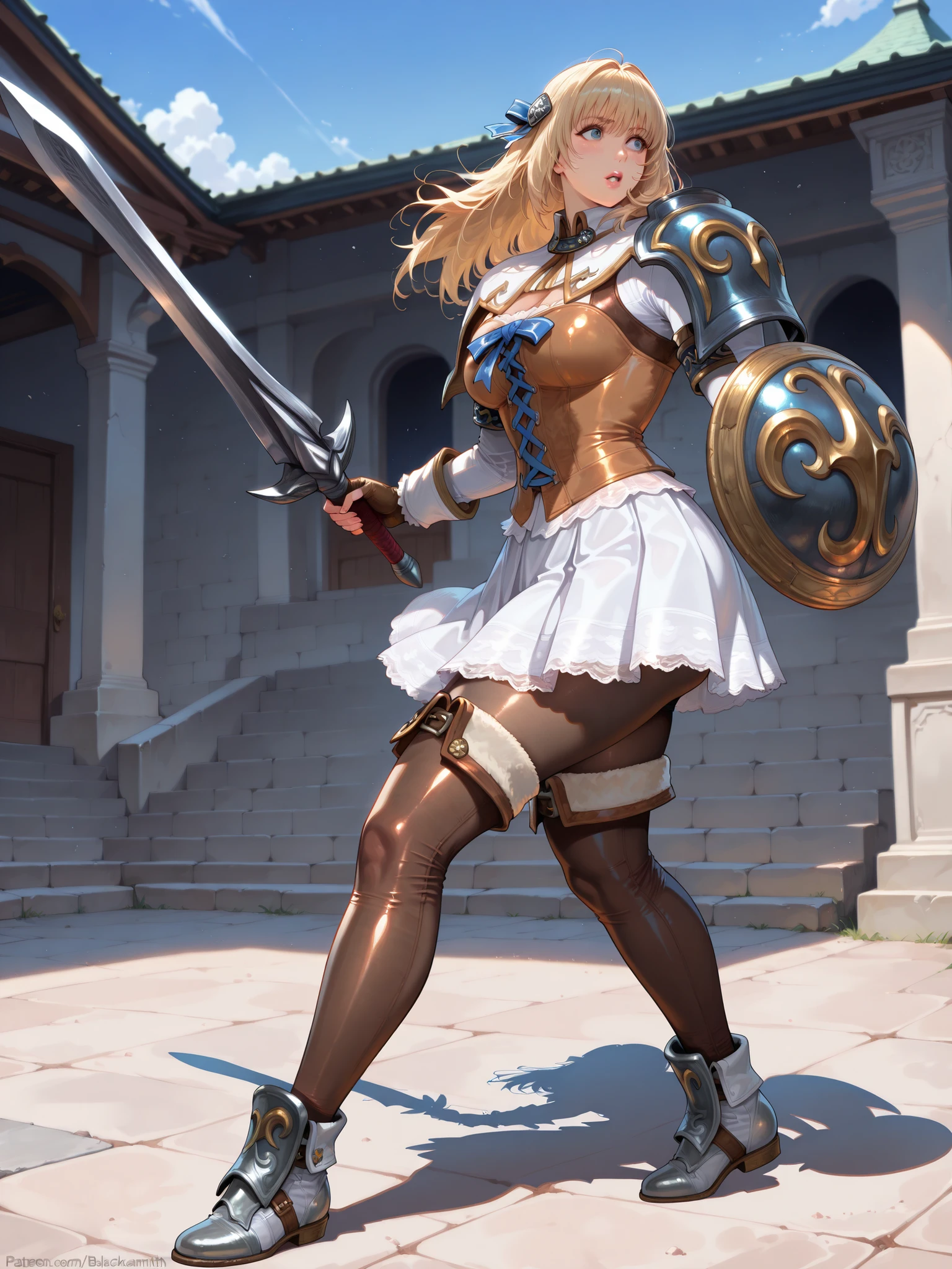 shieldで受け流す,fight,sword,shield,Soft Touch,Delicate Body Curves,Realistic Human Body,Pura,Soul Calibur,The Blacksmith's Daughter,The Bakery's Granddaughter,Moving Poses,
Female Characters in Light Armor and Miniskirts,solo,,Blonde,Knitted tights,
 a Greek temple ,(masterpiece),(top quality),(very detailed),(best illustration),(Best Shadow),(detailed background),(is very aesthetic),