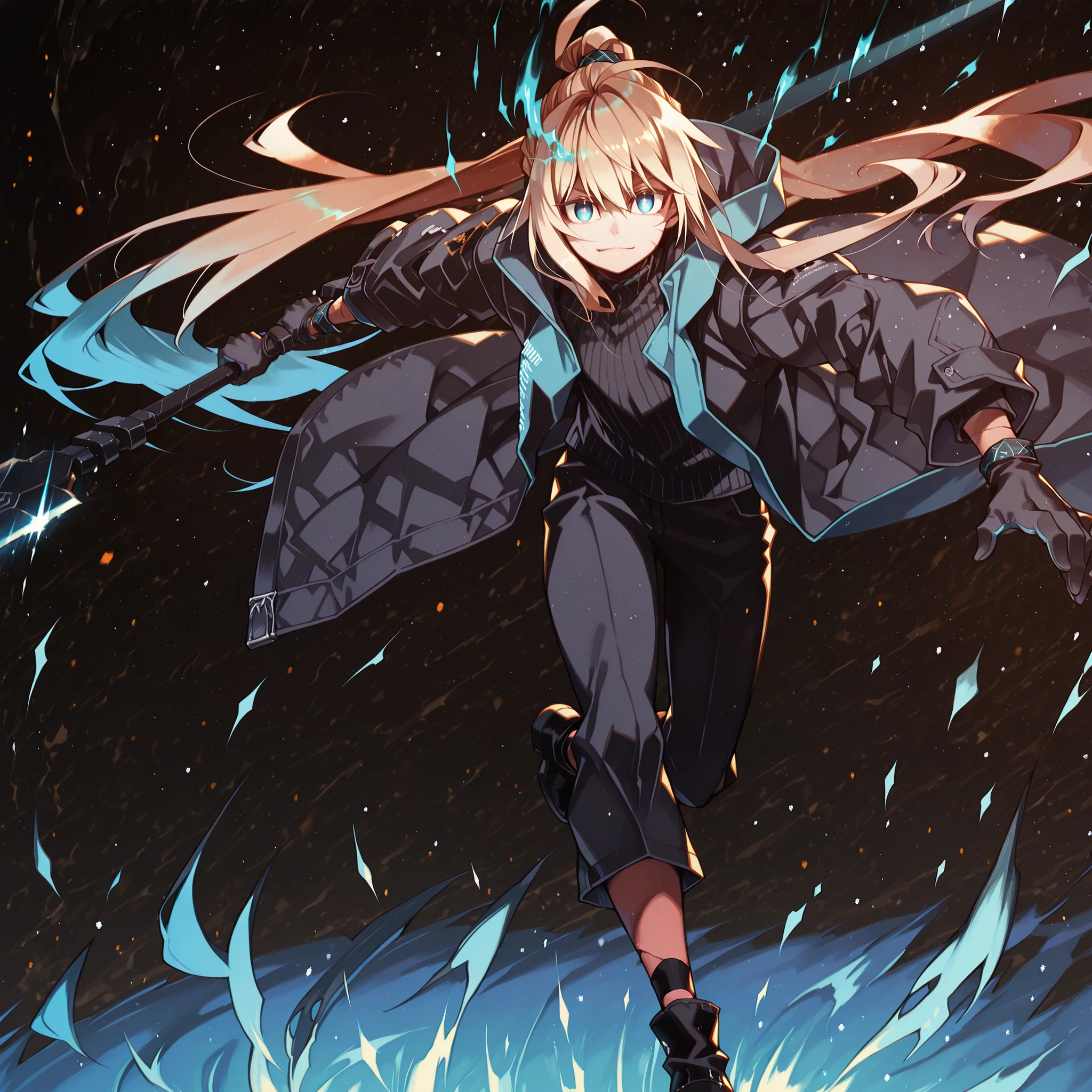 A short and solitary male character, a young teenager about 1.70 meters tall, with a style and aura similar to Amiya from Arknights, but unmistakably masculine.
He has long blonde hair, similar to Sylpha Langlis (but blonde). His hair is styled in the Shikei style and tied into a very long ponytail.
His eyes are visible and bright blue, clearly staring at the viewer. His eyes are bright blue, fully exposed. His eyes are bright blue, fully exposed. His blue eyes are completely visible.
Clothing:
He wears a black turtleneck sweater, black military pants, and black military boots.
Most importantly, he wears a black coat with blue accents, identical in every detail to Amiya’s coat from Arknights — same fabric, cut, blue highlights, length, hood design, zippers, and proportions. The coat fits perfectly, without slipping. Gloves identical to Amiya’s from Arknights.
Pose and Expression:
Black background, attacking stance, body of a young male teenager. Dynamic motion pose: one leg forward, torso slightly twisted, coat and ponytail flowing.
He conjures a large blue flame in one hand while holding an enormous black greatsword with a bright blue blade in the other. The colossal sword looks like stone, cracked, releasing energy from the fractures. The blade is blue. The blade is blue. The blade is blue. The blade is blue. He controls a bright blue flame in his free hand. He controls a bright blue flame in his free hand.
Looking directly at the viewer with a smug and playful expression.
Atmosphere and Style:
Youthful energy. Ultra-detailed, sharp, clean anime style. Deep black background with cinematic lighting emphasizing his short stature and powerful aura. Perfect image, perfect face, perfect eyes, hair styled in Shikei style.
The character is a boy. Male , male , male , male .