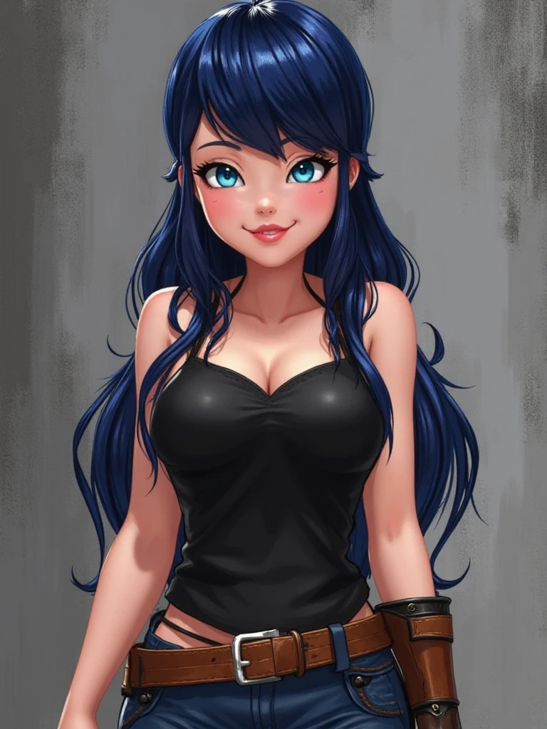 samdoesarts style award-winning bust portrait，A beautiful woman wearing a belly-baring top and overalls，Keep a gradient dark blue hair style，Head bobbing，Long hair flying, Paint splash, Splash, outrun, Virtual software, Shadow flat illustration, The art of math, Popular on ArtStation, Very detailed, Fine details, complex