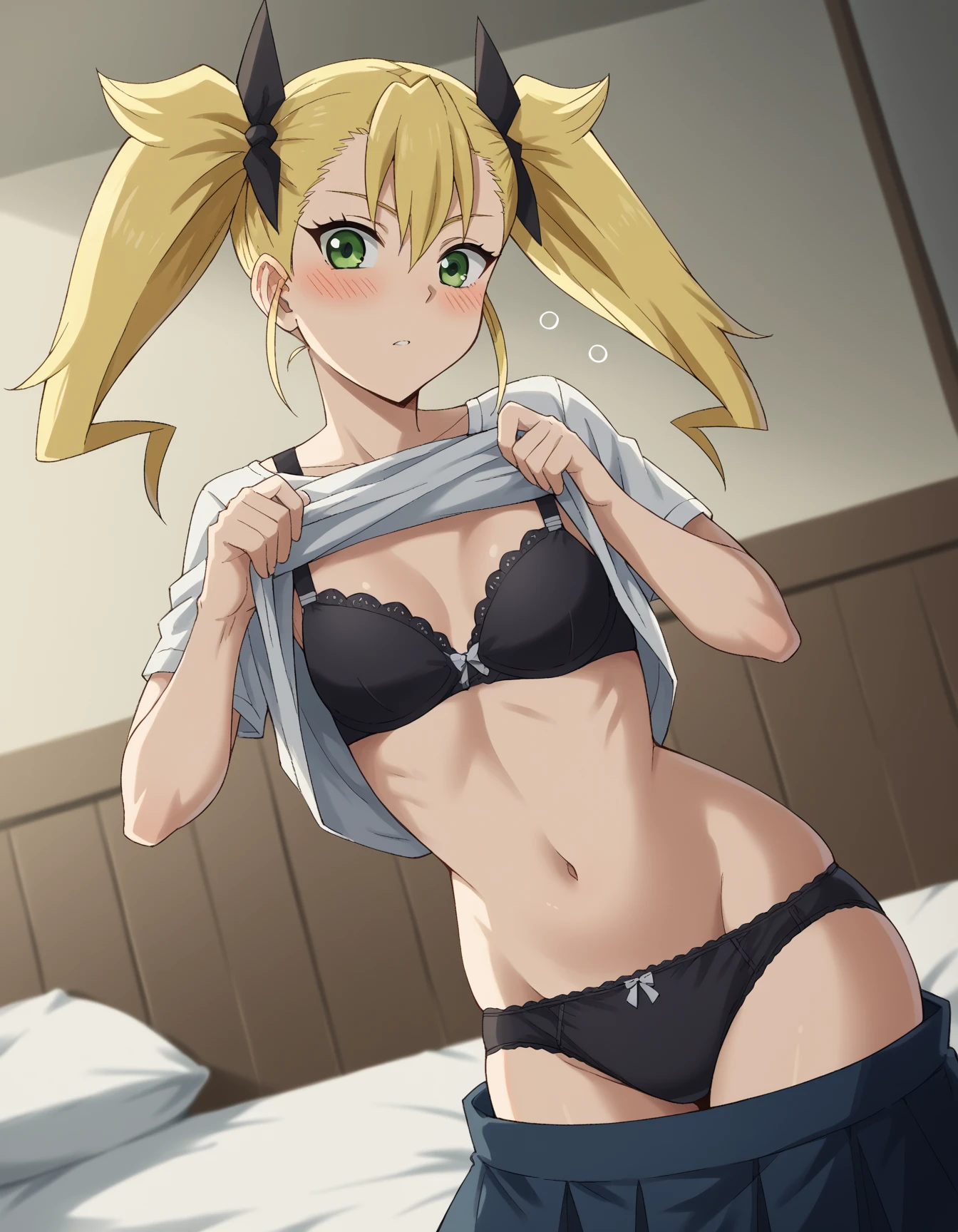 score_9, score_8_up, score_7_up, score_6_up, score_5_up, score_4_up, source_anime, anime screencap, anime coloring, kikoru, 1girl, blonde hair, twintails, green eyes, hair ribbon, black ribbon, bangs, upper body, smile, room, bed, indoors, blush,, looking at viewer, , navel, sitting, , stomach,, open mouth, ,, , , armpits, sweaty armpits,