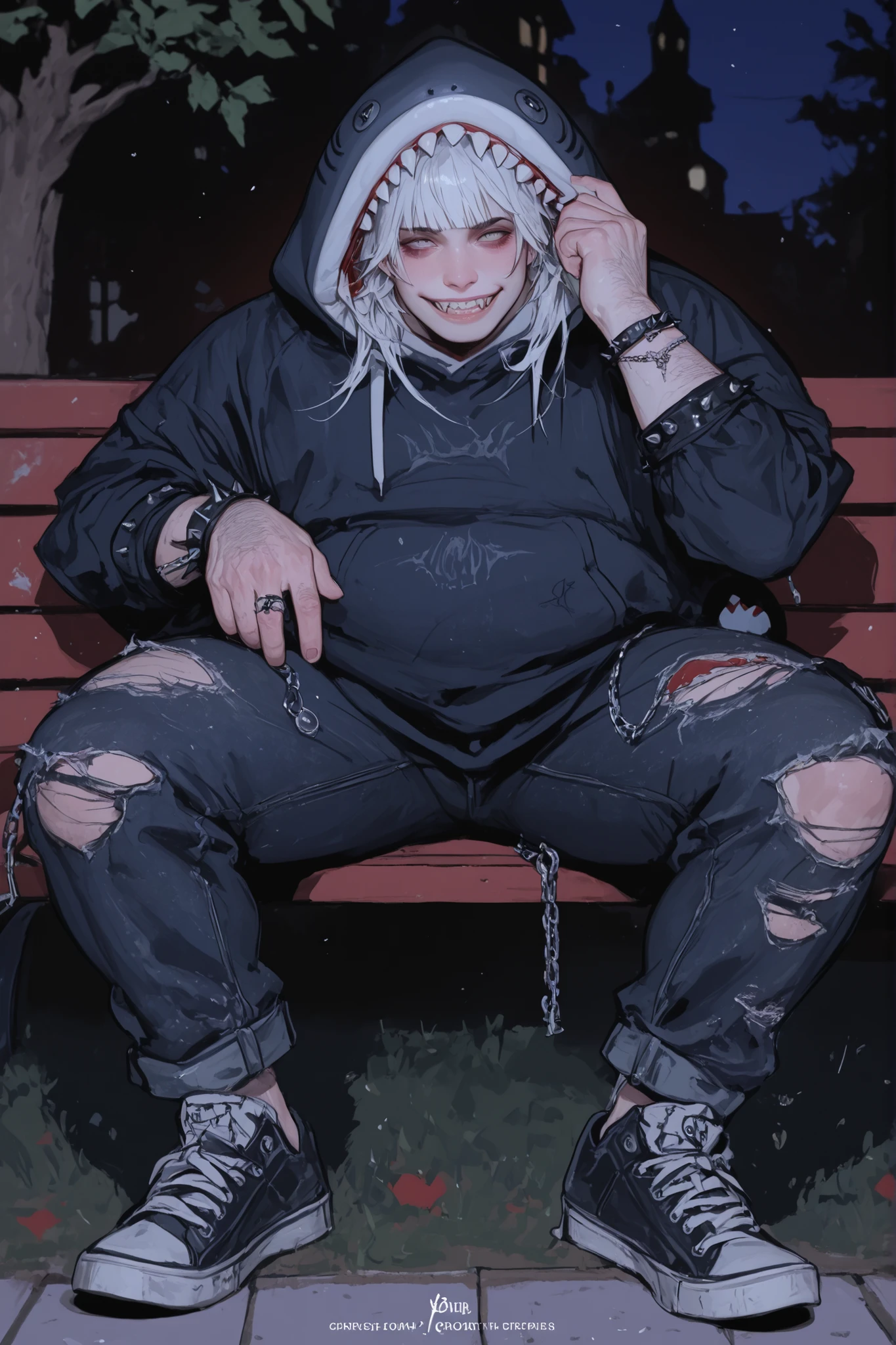 semi-realistic midjorney art style of a chubby young man, Hes got pale white emo cropped bangs that cover his eyes, long curtain bangs, Hes got a chubby soft and round cherubic face with pale skin. Hes got sharp teeth grin. He has a chubby body with soft chest and thick thighs. Wearing a black hoodie black shark kigurumi with a shark hood that has fake teeth and button eyes. Wearing his hood on. He has black jeans with chains dangling from his jeans loops and wearing spiked bracelets and black tennise shows, Wearing a shark themed charm on his jeans loop. Dynamic pose sitting on a park bench at night, Bloody, fangs, chubby, plus size, vampire, masculine, man, hairy, goth, grunge, emo, 
