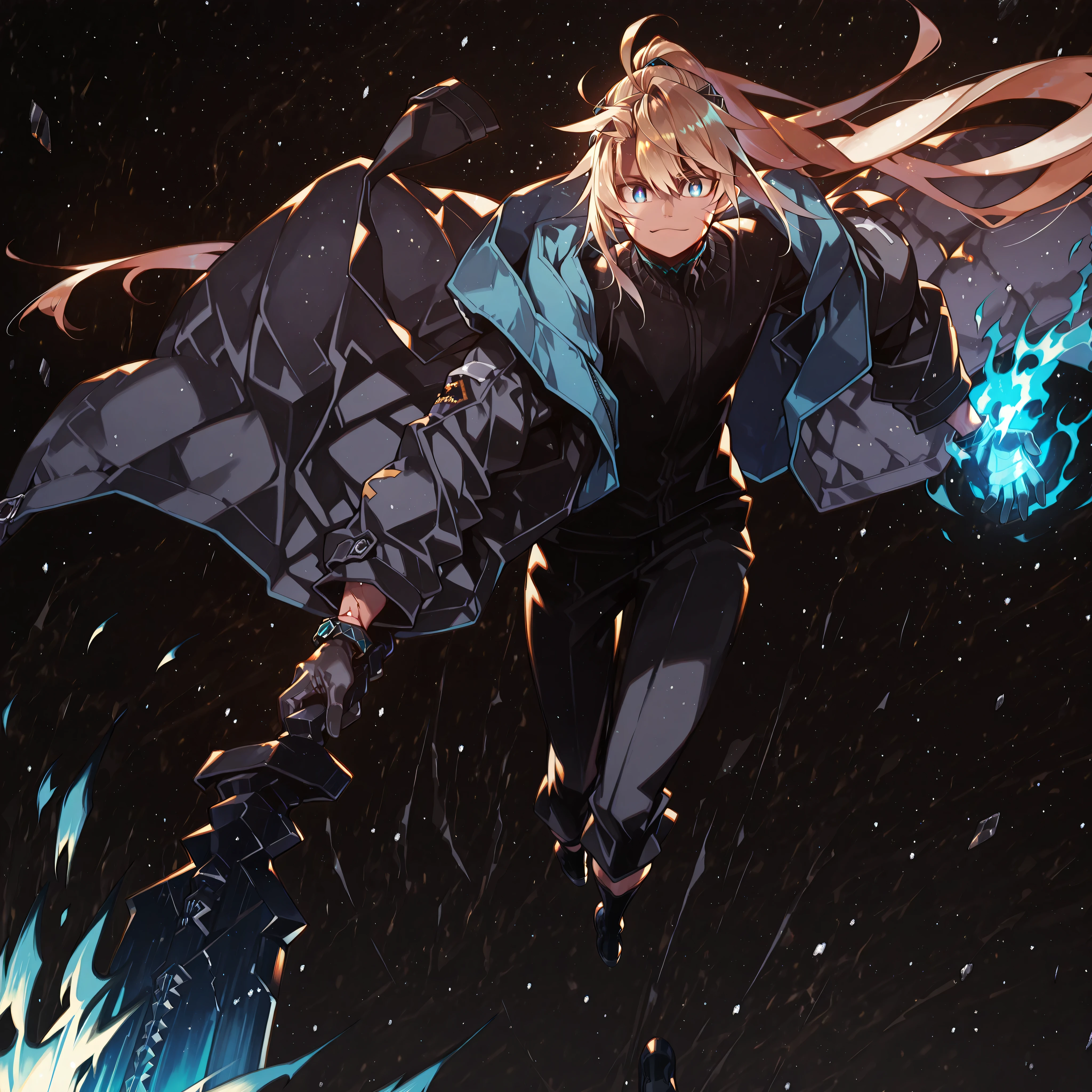 A short and solitary male character, a young teenager about 1.70 meters tall, with a style and aura similar to Amiya from Arknights, but unmistakably masculine.
He has long blonde hair, similar to Sylpha Langlis (but blonde). His hair is styled in the Shikei style and tied into a very long ponytail.
His eyes are visible and bright blue, clearly staring at the viewer. His eyes are bright blue, fully exposed. His eyes are bright blue, fully exposed. His blue eyes are completely visible.
Clothing:
He wears a black turtleneck sweater, black military pants, and black military boots.
Most importantly, he wears a black coat with blue accents, identical in every detail to Amiya’s coat from Arknights — same fabric, cut, blue highlights, length, hood design, zippers, and proportions. The coat fits perfectly, without slipping. Gloves identical to Amiya’s from Arknights.
Pose and Expression:
Black background, body of a young male teenager. Dynamic motion pose: one leg forward, torso slightly twisted, coat and ponytail flowing.
He conjures a large blue flame in one hand while holding an enormous black greatsword with a bright blue blade in the other. The colossal sword looks like stone, cracked, releasing energy from the fractures. The blade is blue. The blade is blue. The blade is blue. The blade is blue. He controls a bright blue flame in his free hand. He controls a bright blue flame in his free hand.
Looking directly at the viewer with a smug and playful expression.
Atmosphere and Style:
Youthful energy. Ultra-detailed, sharp, clean anime style. Deep black background with cinematic lighting emphasizing his short stature and powerful aura. Perfect image, perfect face, perfect eyes, hair styled in Shikei style.
The character is a boy. Male , male , male , male .