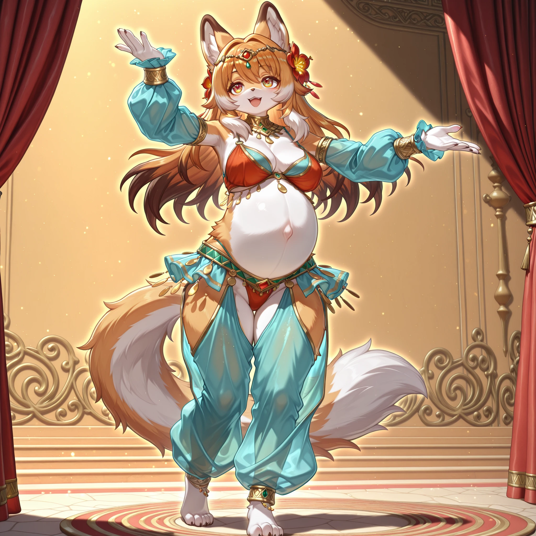 (1girl, solo, mutt girl, furry, Kemono, Fluffy fur, coloured fur, caramel fur, two tone fur, caramel hair, long hair, bangs, hair flower, amber eyes, cleavage, sagging breasts, navel, pregnant, big belly, wide hips, belly dancer, harem outfit, long sleeves, bra, thong, mini skirt, pelvic curtain, very big harem chaps, very baggy oversized chaps, barefoot, neck ring, circlet, gold trim, body jewelry, standing, dancing, happy, stylish, graceful, sexy, charming, cute, mature, full body, beautiful environment, gothicstyle, biyōjo, moe, 3d, source_anime, beautiful aesthetic, simple background, masterpiece, best quality)
