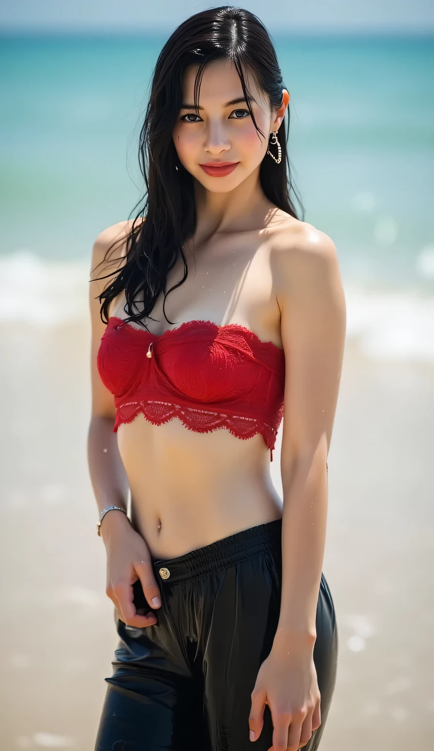 an adult woman,  berdiri di pantai, paha dilebarkan, berpose sexy, suasana erotis, wajah ekspresi sexy, face looking at camera, wears a red lacy strapless bikini top,  black long leggings, low ponytail hair, rambut hitam, dada besar, tubuh basah,  rambut basah,  drops of water on the body, lipstik merah tua