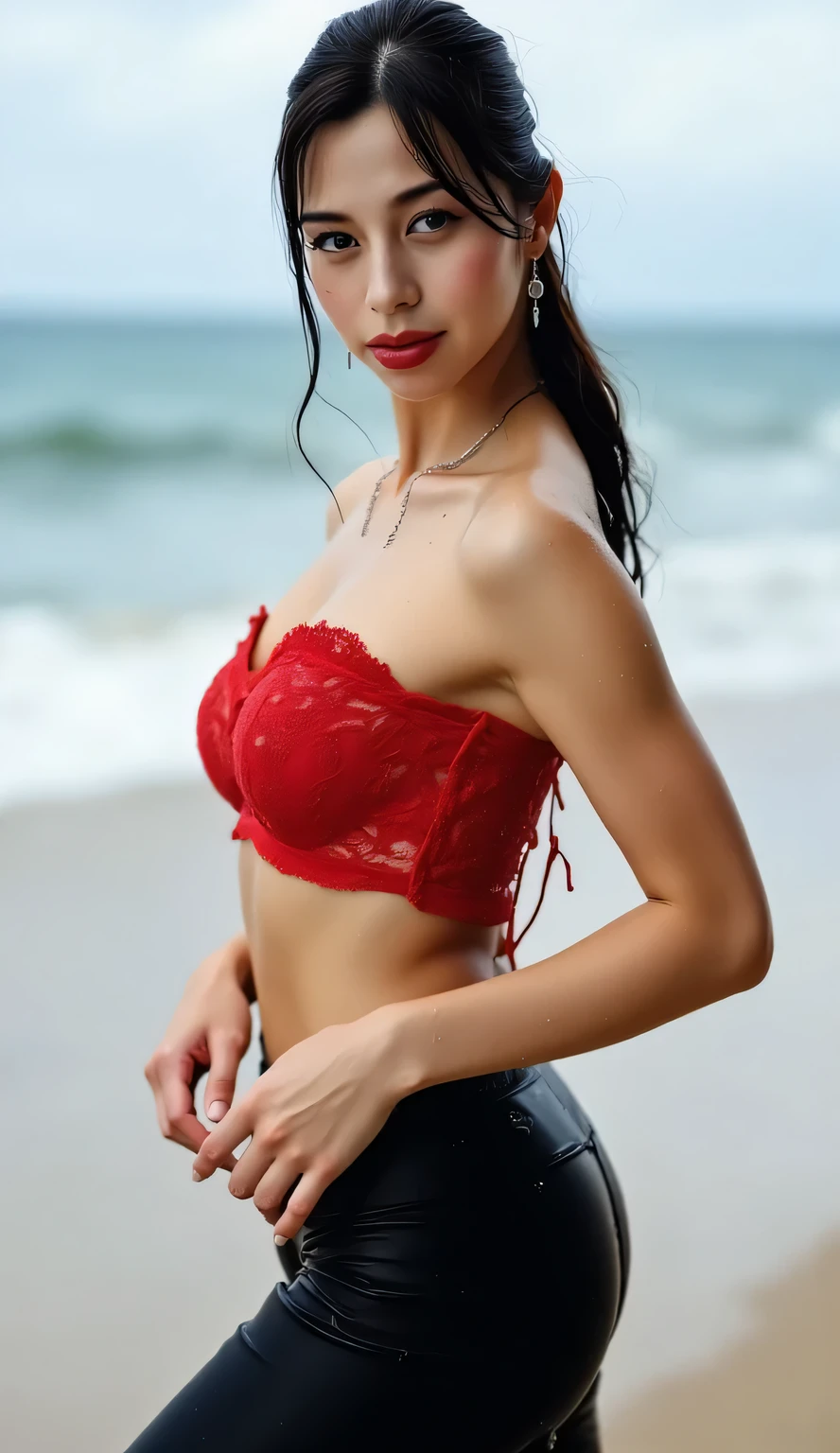 an adult woman,  berdiri di pantai, paha dilebarkan, berpose sexy, suasana erotis, wajah ekspresi sexy, face looking at camera, wears a red lacy strapless bikini top,  black long leggings, low ponytail hair, rambut hitam, dada besar, tubuh basah,  rambut basah,  drops of water on the body, lipstik merah tua