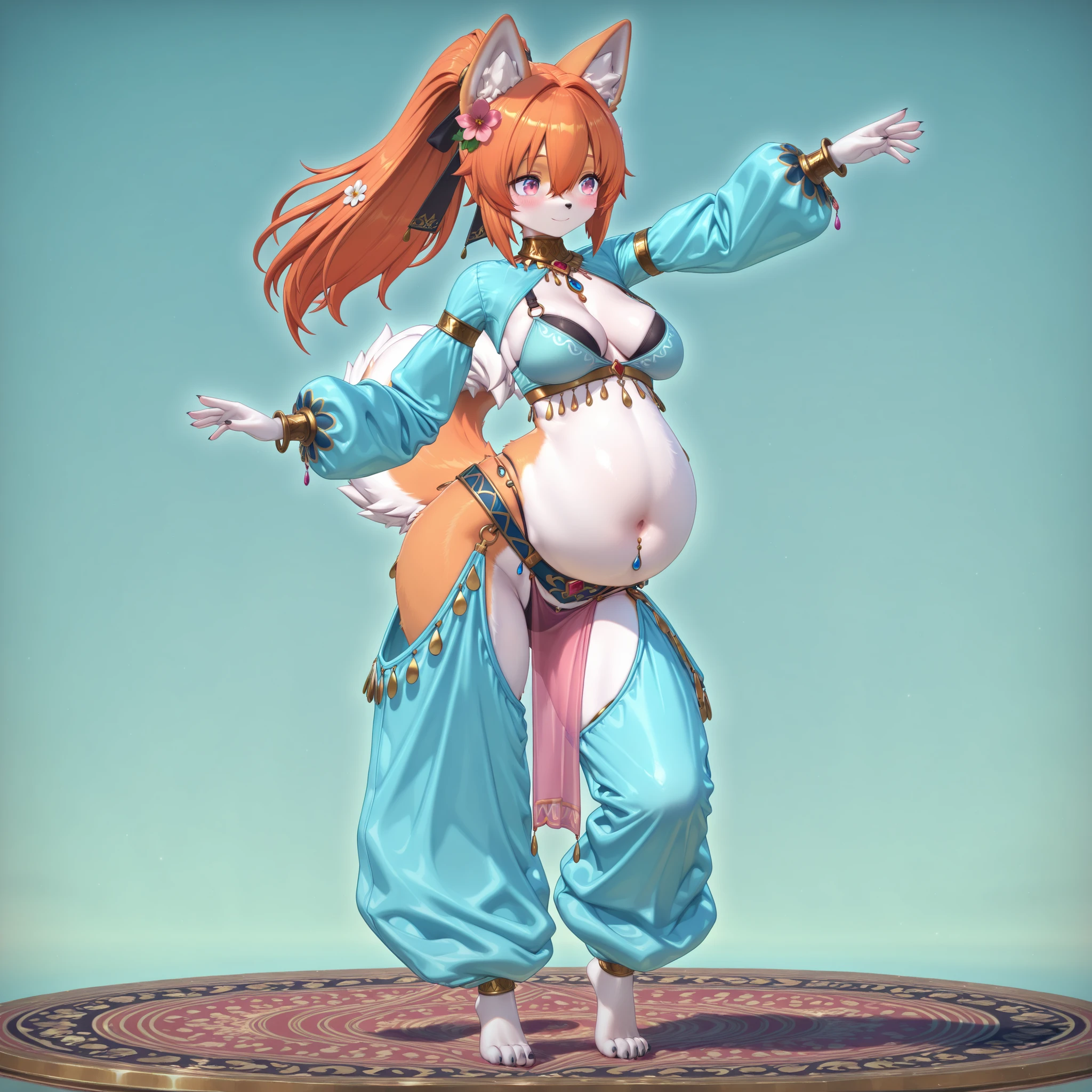 (1girl, solo, dog girl, furry, Kemono, Fluffy fur, coloured fur, two tone fur, orange hair, ponytail, hair between eyes, hair flower, pink eyes, medium breasts, cleavage, sagging breasts, navel, big belly, wide hips, belly dancer, arabian harem outfit, long sleeves, bra, thong, pelvic curtain, very big harem chaps, very baggy oversized chaps, barefoot, body jewelry, azurite, standing, dancing, blush, happy, stylish, graceful, charming, cute, full body, beautiful environment, gothicstyle, biyōjo, moe, 3d, beautiful aesthetic, simple background, masterpiece, best quality)