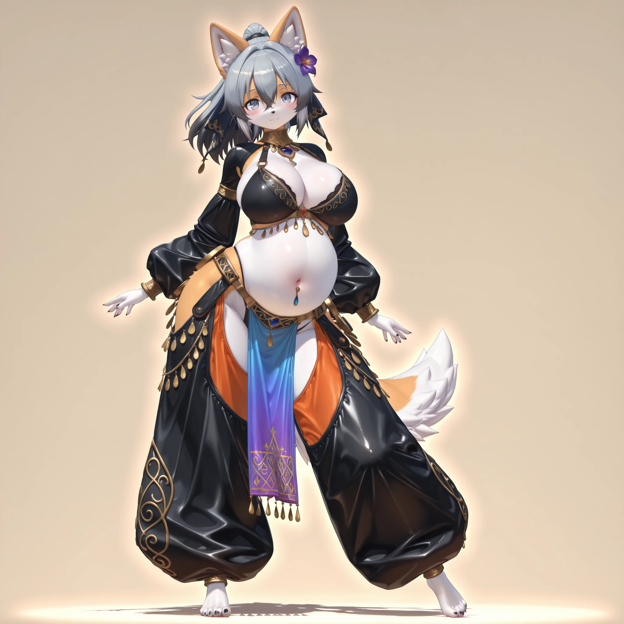 (1girl, solo, dog girl, furry, Kemono, Fluffy fur, coloured fur, two tone fur, gray hair, ponytail, hair between eyes, hair flower, violet eyes, big breasts, cleavage, navel, big belly, wide hips, belly dancer, arabian harem outfit, long sleeves, bra, thong, pelvic curtain, very big harem chaps, very baggy oversized chaps, barefoot, body jewelry, azurite, standing, dancing for the viewer, blush, happy, stylish, graceful, charming, cute, full body, beautiful environment, gothicstyle, biyōjo, moe, 3d, beautiful aesthetic, simple background, masterpiece, best quality)
