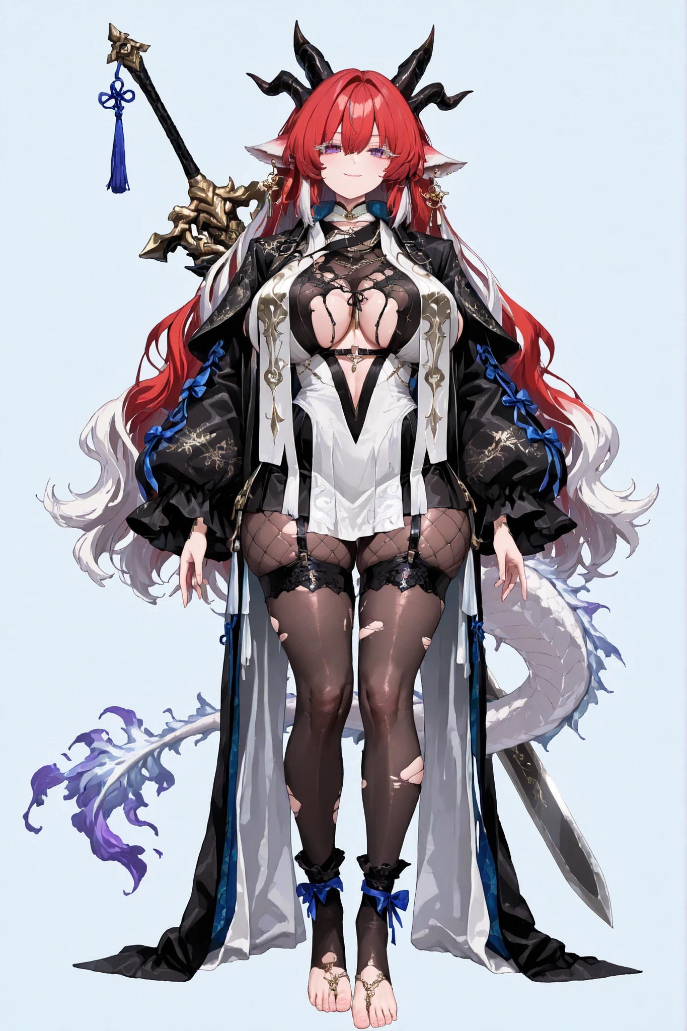 8k wallpaper、 top quality 、masterpiece, 748cm スThailandル 、sexy black bralette dress with fishnet top beneath, woman 1 person、ribbon、piercings and earrings on her ears, long and fluffy fox ears, black ripped pelvic curtain dress、 cute black oversized coat with puffy sleaves with open sholders, chains and Accessories on clothes, dark pantyhose and fishnet、 black knee socks 、rororogi mogera、 style strap 、 Thailand、 pantyhose、、red hair with white tips and lines、 albino eyelashes 、 long hair falling down her chest、 Underbob 、blue ribbon bow in the head、 Pretty blueish purple Eyes、 wide hips、Protruding thighs 、 pale pinky skin, very big breasts 、close up, Light blue background 、open chest area dress, simple background、lazy smile、 high detail design, standing up、boob window, making a cute pose with her hands, fullbody, , huge sword on her back, punk style clothes, chest fishnet top, fishnet stocking, big cute , wings behind her ears, demon girl, five big octopus tails behind her, black horns, goat eyes, five octopus tails, big hair. heavenly divine dragon girl, white huge dragon horns with golden ends, big and fluffy fox tail, white hair, ver long hair, thick hair, very big breast, green-blue gradient eyes, white dragon sexy revealing outfit with breast curtains, white nylon stockings, white choker, sexy white cheongsam dress with gold details, taliman paper on her , fullbody, head to toe, dark dragon scales on her legs, bare feet, exposed toes,