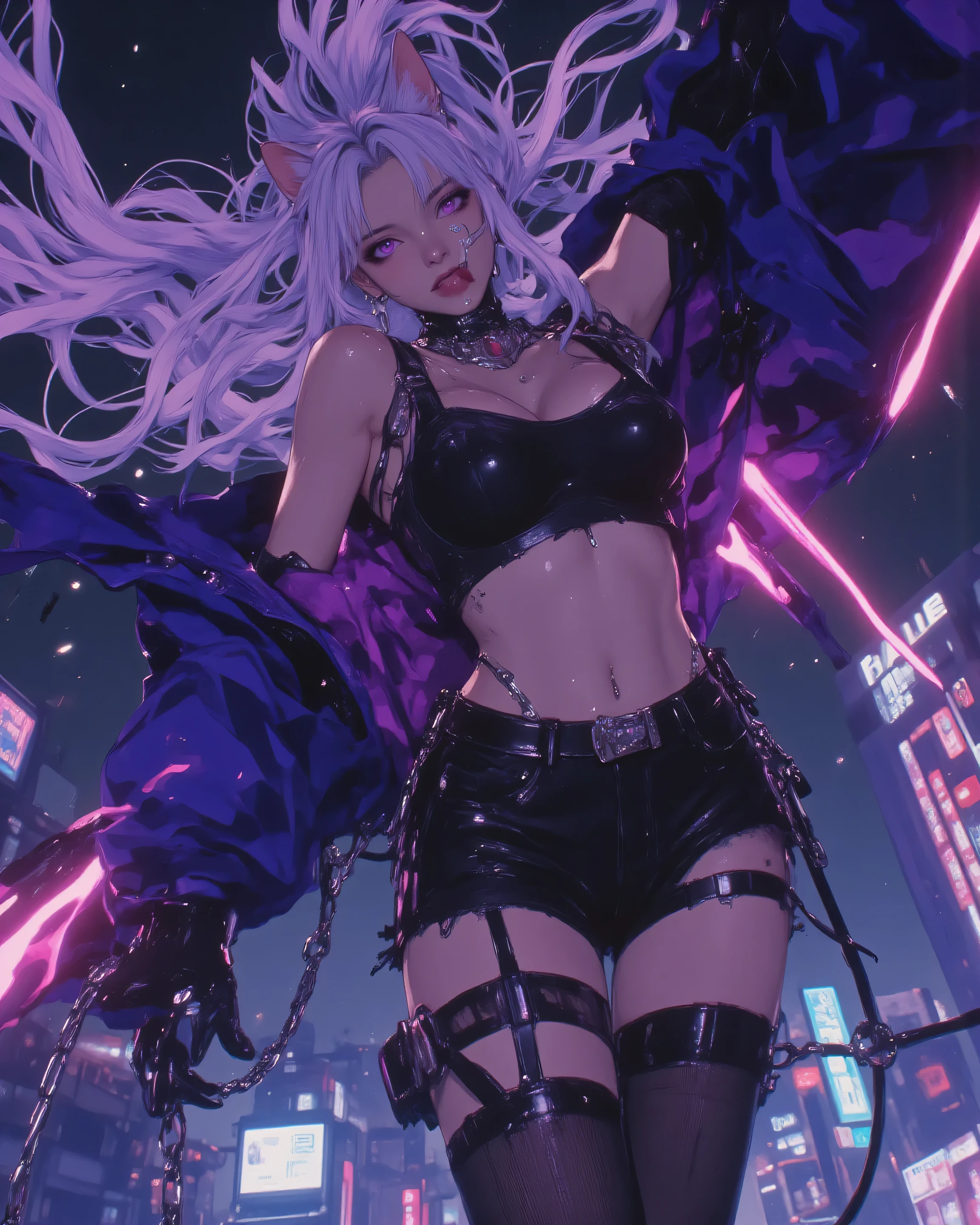 masterpiece, best quality, ultra-detailed, 8k, absurdres, motion blur,
1girl, solo, cat ears twitching violently, long silver-pink gradient hair exploding in the wind, twin tails whipping like whips, cat tail lashing, purple-pink glowing eyes, feral grin, tongue out,
extreme action pose: mid-air backflip kick, body fully twisted 180°, one leg kicked straight up to the sky, the other bent, arms thrown back, jacket sleeves billowing wildly,
cropped black tank top flipped up from centrifugal force exposing underboob and toned abs flexing hard, sweat droplets flying everywhere, ultra-detailed navel piercing (silver ring + long chain + gem) swinging in a huge arc with motion trail, ultra short frayed black denim hotpants riding dangerously high, belt chain rattling, black thighhigh stockings with garter straps stretched to the limit,
wind pressure distorting fabric and skin, hair ribbons trailing like comet tails, speed lines, impact particles, dramatic low-angle worm's-eye view, neon city rooftop at night, pink-blue neon reflections on sweat-soaked skin, god rays cutting through smoke, lens flare, cinematic lighting, depth of field, (extreme motion:1.5), (dynamic action:1.6), (flying sweat and hair:1.4)