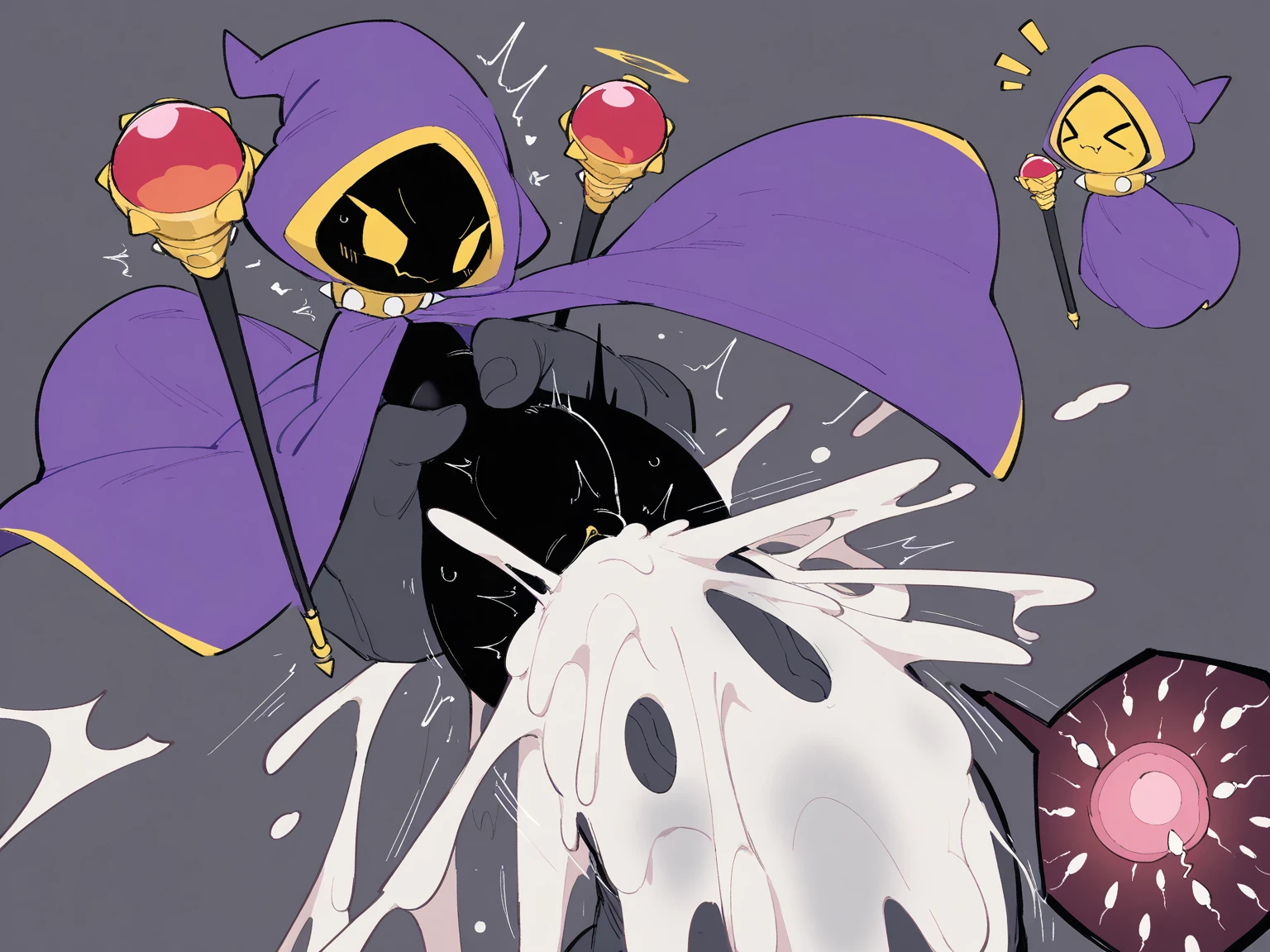 score_9, score_8_up, score_7_up, score_6_up, score_5_up, score_4_up, BREAK, by patto, patto, 2boys,  rubickpdxl, duo, mask, ponytail, cloak, green eyes, gloves, green gloves, simple background, , ,  on mask, from above, dark background, on knees,  on face, facial, one eye closed, <lora:RubickTheGrandMagus:0.8>, <lora:Patto_Style_PonyXL:0.8>