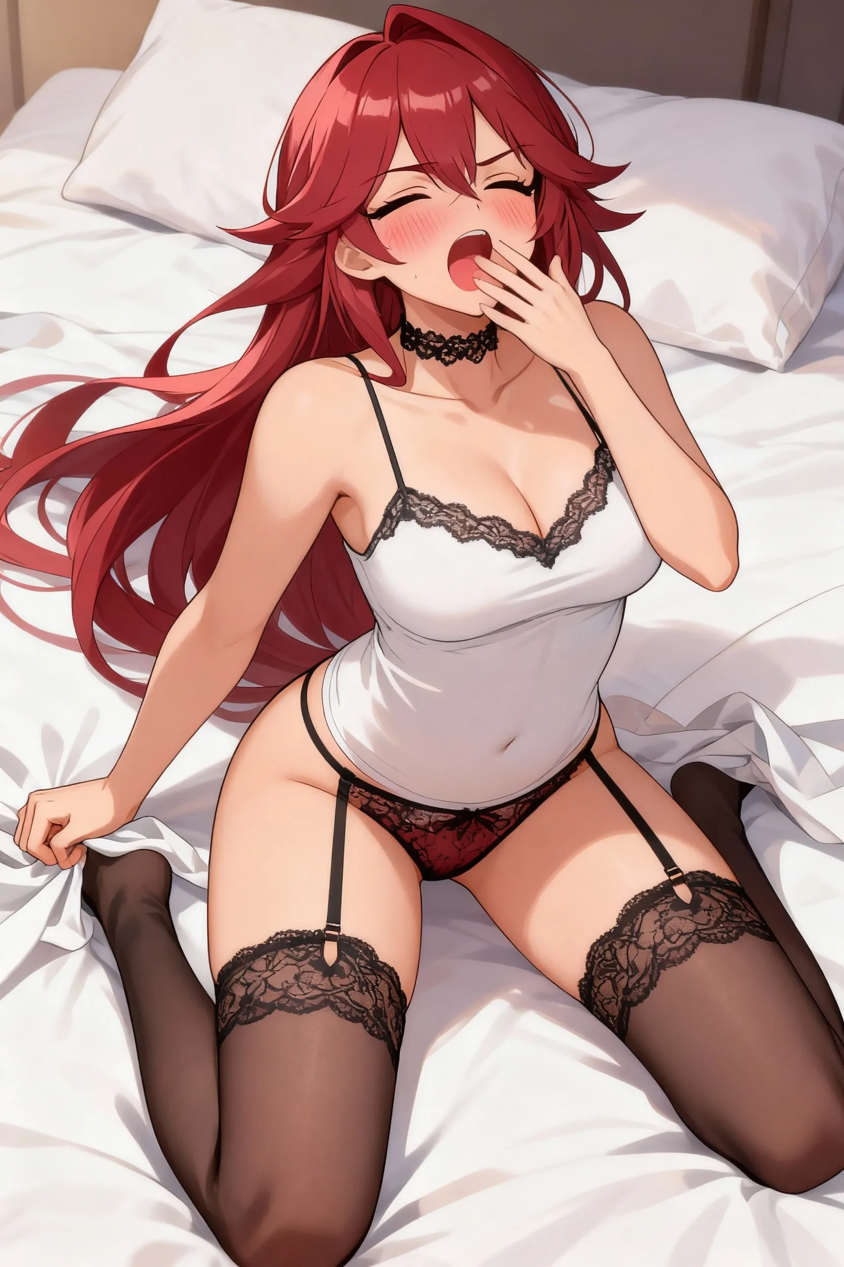Descomunal ???? yoko littner , she has really big ????, she has a gym girl body, she is partially ?????, tights and garter belt, she is lying in a bed, she's wet. 