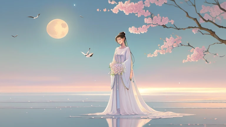 -Hanama wine, 1girl, moon, long hair, solo, black hair, dress, branch, hair bun, flower, reflection, chinese clothes, hair ornament, jewelry, bird, earrings, full moon, water, white dress, holding flower, holding, long sleeves, closed eyes, single hair bun, ripples, sky, looking down, full body,anime,<lora:Hanama wine V2-000018:0.8>,