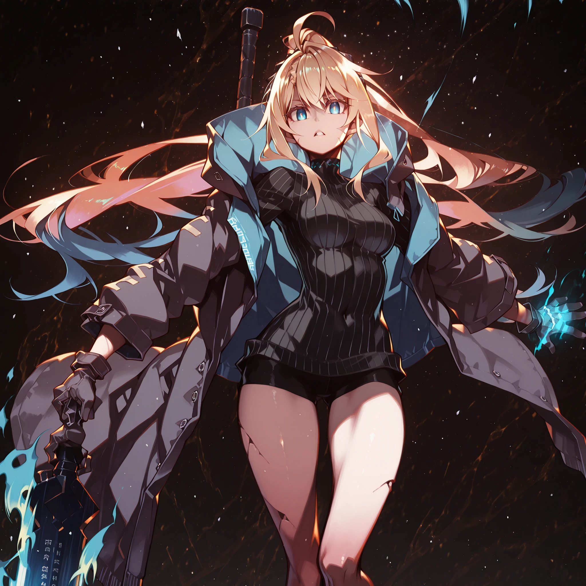 Alone, 1 girl, solitary female character, a young teenager about 1.5 meters tall. She stands alone against a deep black background, making her stand out vividly. Her physique and height are exactly like Terakomari Gandesblood from The Vexations of a Shut-In Vampire Princess.
She has long, blonde hair, similar to Sylpha Langlis (but blonde). Her hair is styled in a Shikei style and tied in a very long ponytail.
Clothing:
Her eyes are visible and bright blue, shining clearly toward the viewer. Her eyes are bright blue, clearly exposed. Her eyes are bright blue, clearly exposed. Her blue eyes are fully visible.
She wears a black turtleneck sweater that extends halfway down her thighs. Her thighs and legs are exposed. The most important feature is her black coat with blue accents—identical in every detail to Amiya’s coat from Arknights: same fabric, cut, blue highlights, length, hood design, zippers, proportions. Coat fits perfectly, no slipping. Gloves like Amiya's from Arknights
Pose and Expression:
Black background, sensual stance, wide , , slim waist, petite body. Dynamic motion pose: one leg forward, torso slightly twisted, coat and ponytail flowing. She conjures a large blue flame in one hand while holding an immense black greatsword with a glowing blue blade in the other. The colossal sword looks like stone, cracked, releasing energy from the fractures. The blade is blue. The blade is blue. The blade is blue. The blade is blue. She controls a bright blue flame in her free hand. She controls a bright blue flame in her free hand.
Atmosphere and Style:
Youthful energy. Ultra-detailed, sharp, clean anime style. Deep black background with cinematic lighting emphasizing her short stature and powerful aura. Perfect image, perfect face, perfect eyes, hair styled in Shikei style.