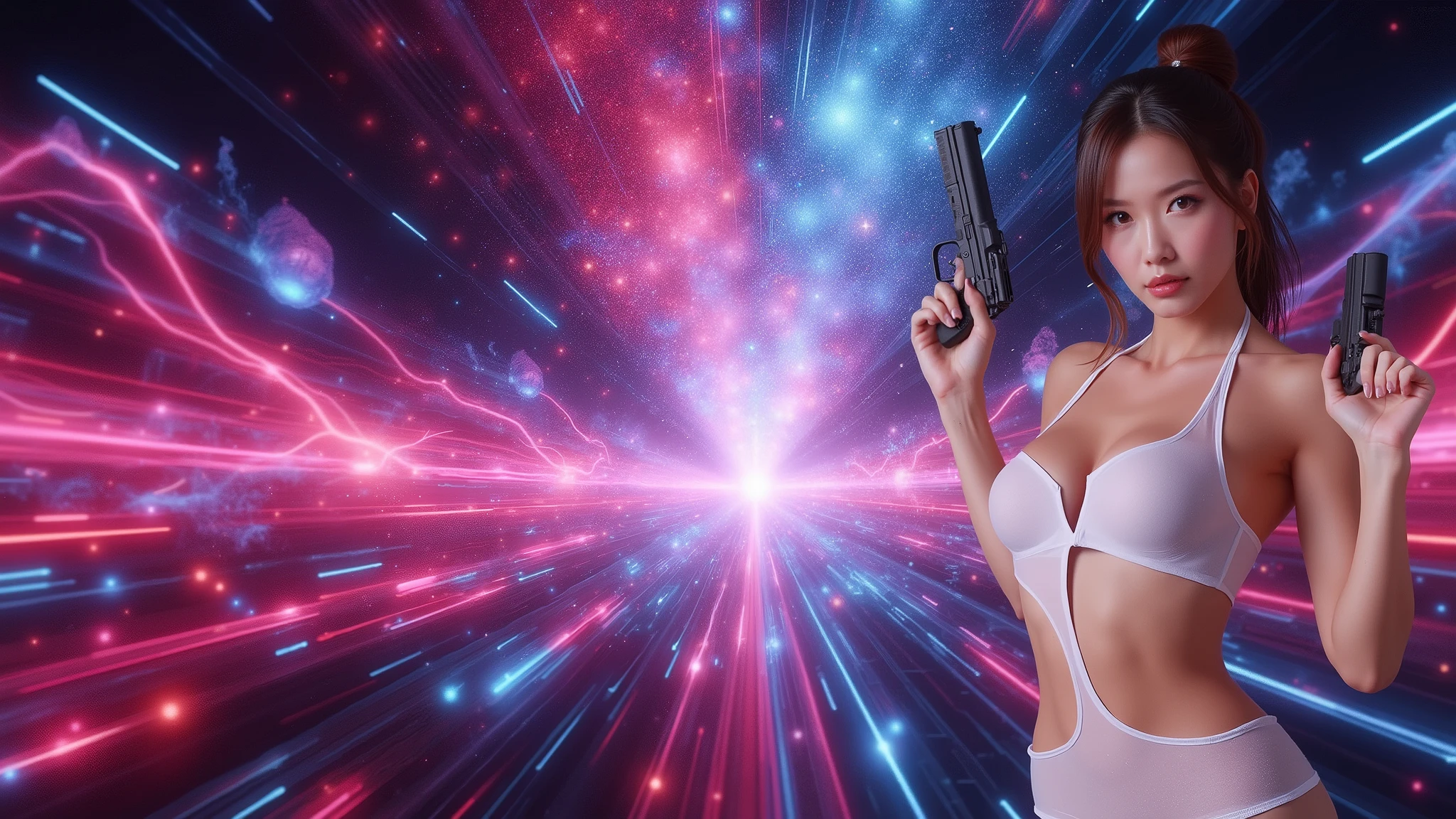 ((photo-realistic)), a sexy large-breast:1.1 Japanese woman, facing camera, cleavage, (((side boob))), hip up, slim face, slim:0.1 body, well-lit face, (((sexy-thigh:1.1, super hot short:0.1 lace transparent dress))), (((aiming with a short:0.1 pistol, balcony))), well-lit:1.2, digital art, concept art, dramatic lighting, neon lights, cinematic composition.