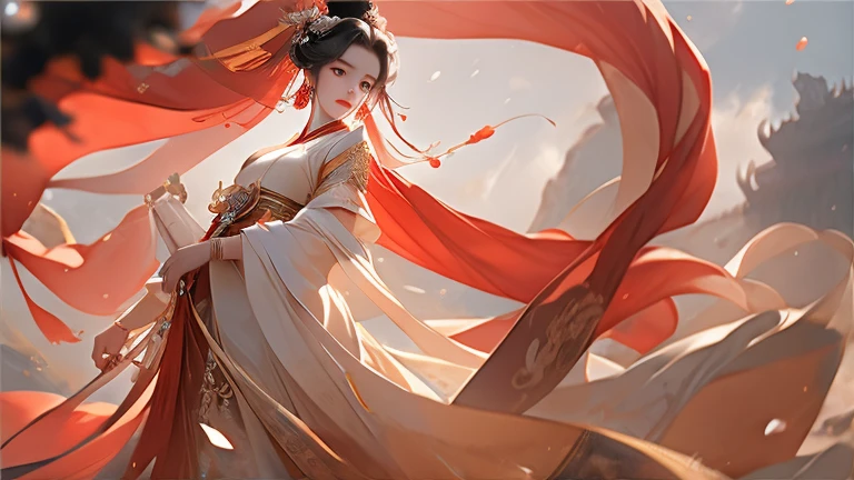 digital art of A close-up of a dress woman in red and klein blue, background: blue, exquisite digital illustration, palace, girl in hanfu, hot on the cgstation, beautiful rendering of the tang dynasty, beautiful digital illustration, beautiful digital art work, inspired by lanying, inspired by puhua, beautiful fantasy queen, amazing digital illustration, elegant digital art, a beautiful art illustration,a beautiful painting by Tan Yin,Lyrical Abstraction, Ethereal Fantasy, Laser-Cut,high detail,hyper quality,high resolution,16K,depth of field (dof),Waist Shot(WS),close up,Soft illumination,