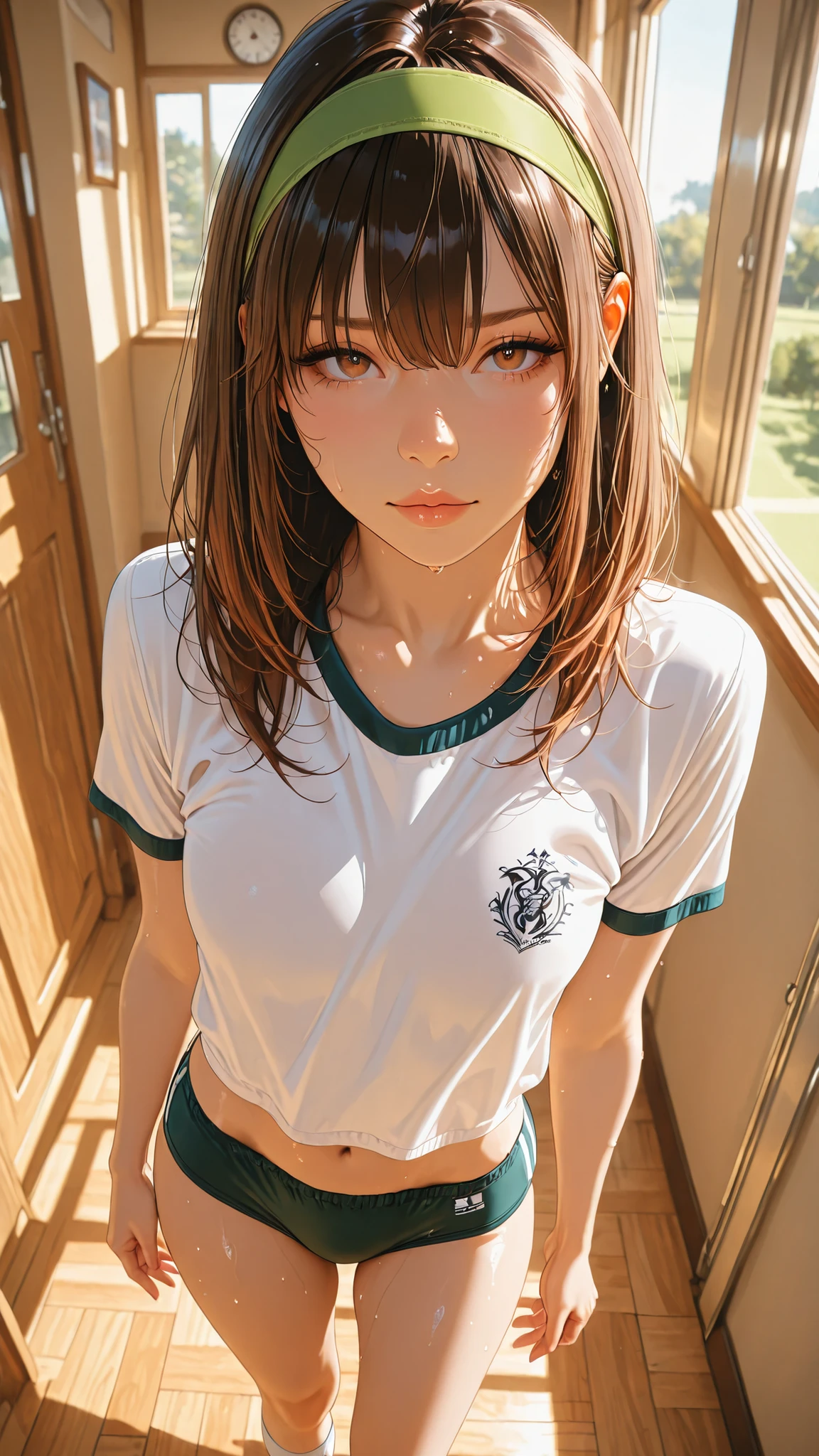 The golden ratio, Proper composition, gym uniform,buruma, Beautiful Illustrations, (masterpiece, detail:1.2), beautiful Japanese woman, solo, 5 Anatomically Correct Fingers, teen, standing, front view:1.331, maorix, (masterpiece, detailed:1.2), (8k, Highest Quality, masterpiece), (realistic, Super Fine Clear), round face, dark brown hair, medium hair, long bangs, realistic Light, flat , detail skins, sweat, school gym clothes, white shirt, Tight green bloomer, lowleg, green sports headband, Angle of view above the knee, In a busy classroom with female students, outside light shines in in a bright classroom,