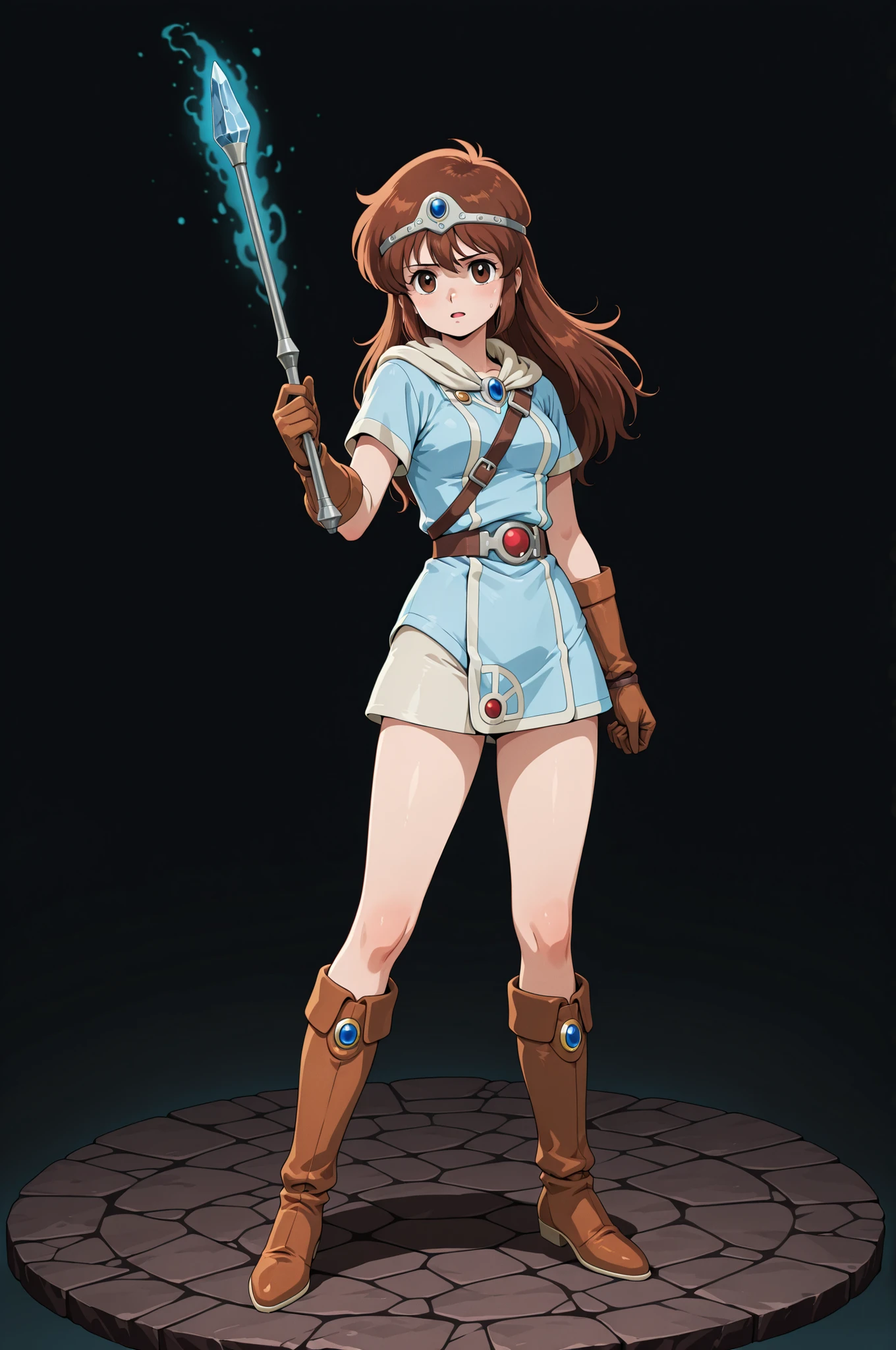 1girl, Ki from Tower of Druaga, long brown hair, brown eyes, wearing a short pale blue tunic, tan brown glove, belt, very brown hide boots, silver circlet, holding a small rod with a blue crystal tip, anxious expression, performing an exorcism to drive a demon spirit from a young woman, in a dark chamber, in full view in a highly detailed 1980s anime style