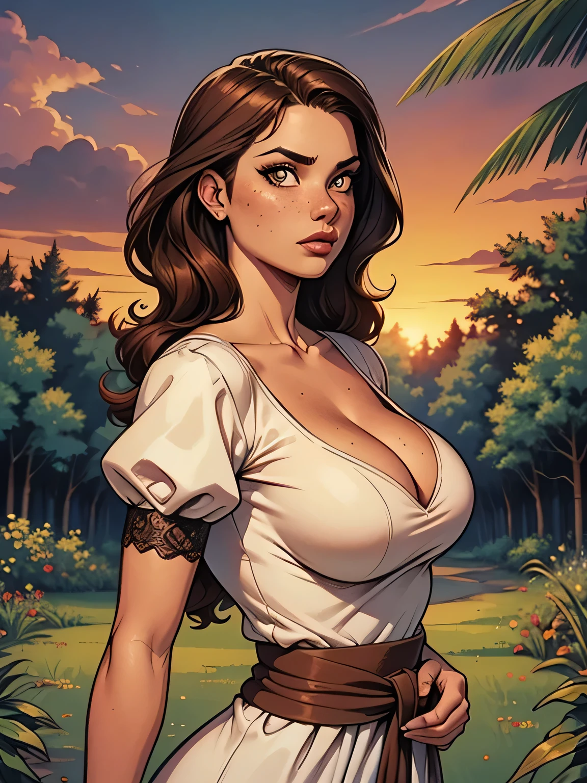 Woman character Olivia Wilde in wars  position Cartoon image of a woman .cartoon style illustration, estilo de arte dos desenhos animados, estilo de arte dos desenhos animados, digital illustration style, design de personagens altamente detalhado, arte digital detalhada coragem, Forest fan art, Design de personagens de retrato, beautiful digital illustration, retrato de alta qualidade, Arte em quadrinhos, mulher jovem cabelo com transas lindas . Beautiful lined eyes Medium large bust and wonderful sexy clothes. image expression of  desire from the waist to the head illustration 