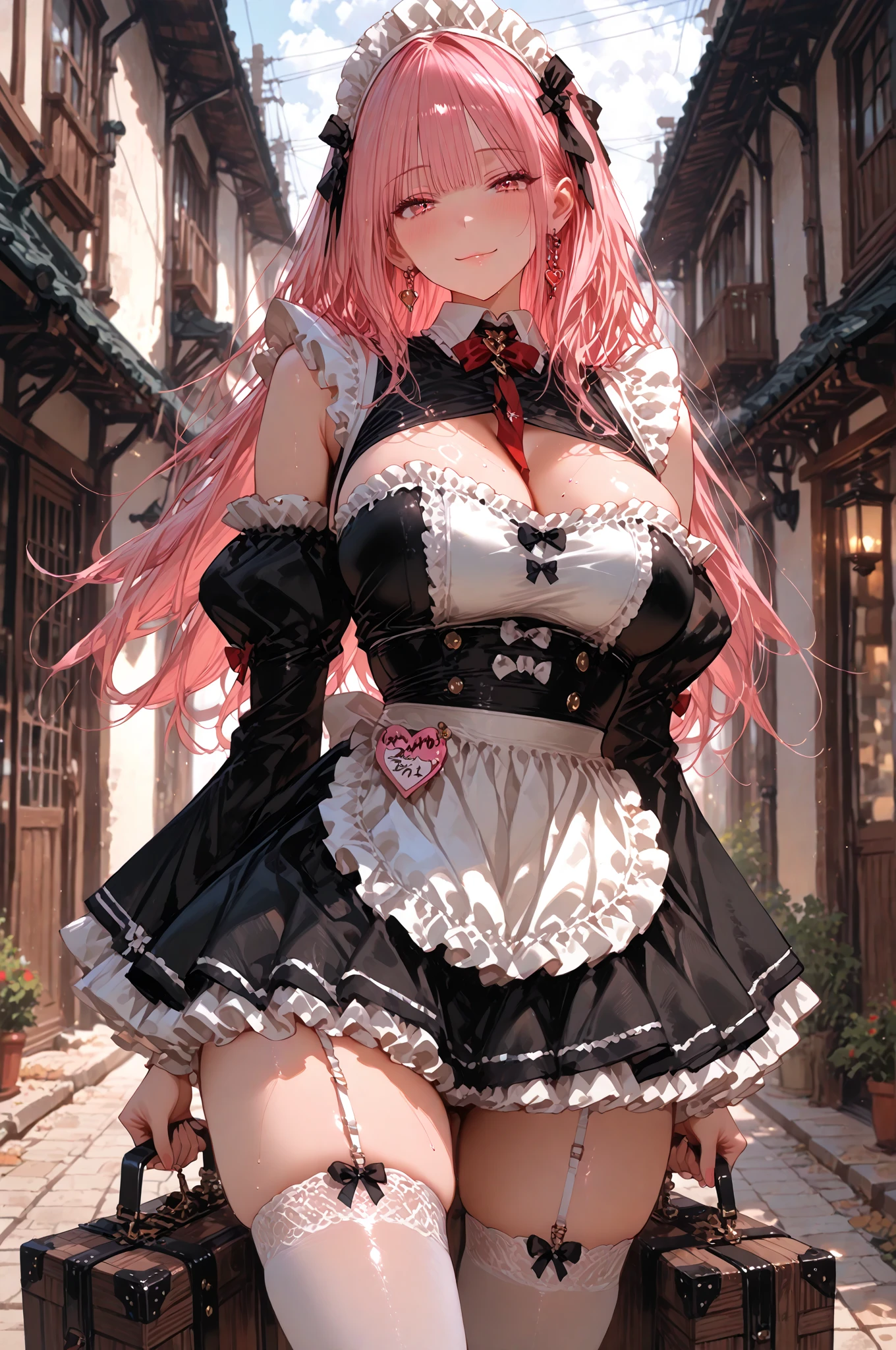 (Masterpiece, BestQuality:1.3), (ultra detailed:1.2), (hyperrealistic:1.3), (RAW photo:1.2), High detail RAW color photo, professional photograph, (Photorealistic:1.4), (realistic:1.4), professional lighting, perfect , (Big Breasts:1.1), (blush, detailed face), (cheerful Smile:1.5), Trending Hair&Trending Hairカラーをランダムに, earrings, necklace, bracelet, sexly,  sexly, Random sexy gravure poses, (A pink-haired beauty in Lolita fashion is at a cafe on a city street。hair is twin tail、spread your skirt。:1.3)