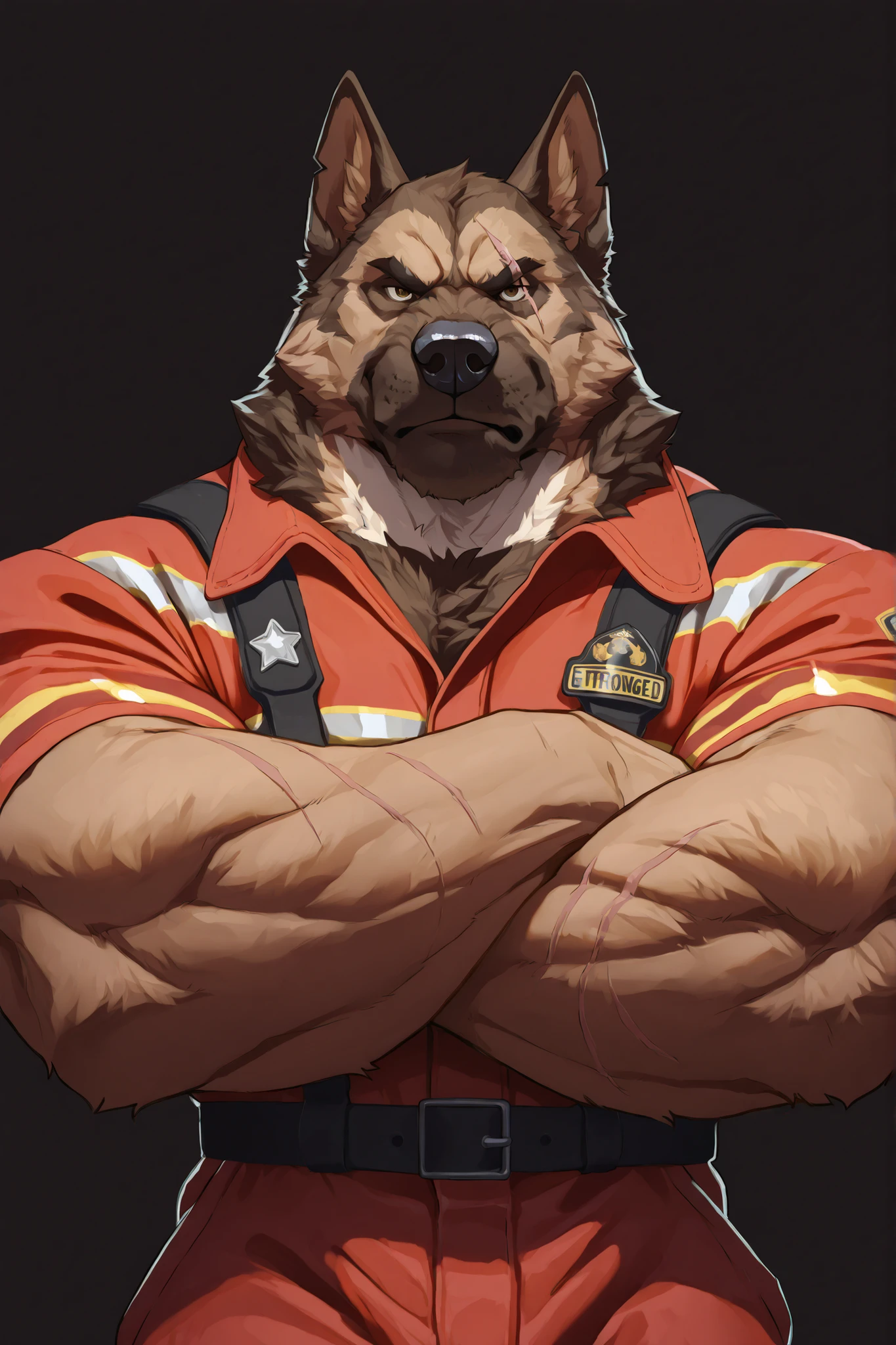 solo, masterpiece:1.3, wide angle, muscular man, furry dog, German shepherd, firefighter, firefighter uniform, film looks, firm, serious, strong, half body, scar on face, highly detailed, 8k, semi realistic, Anatomically Correct, Best Quality, Textured Skin, flat background, Ray Tracing, detailed face, detailed eyes