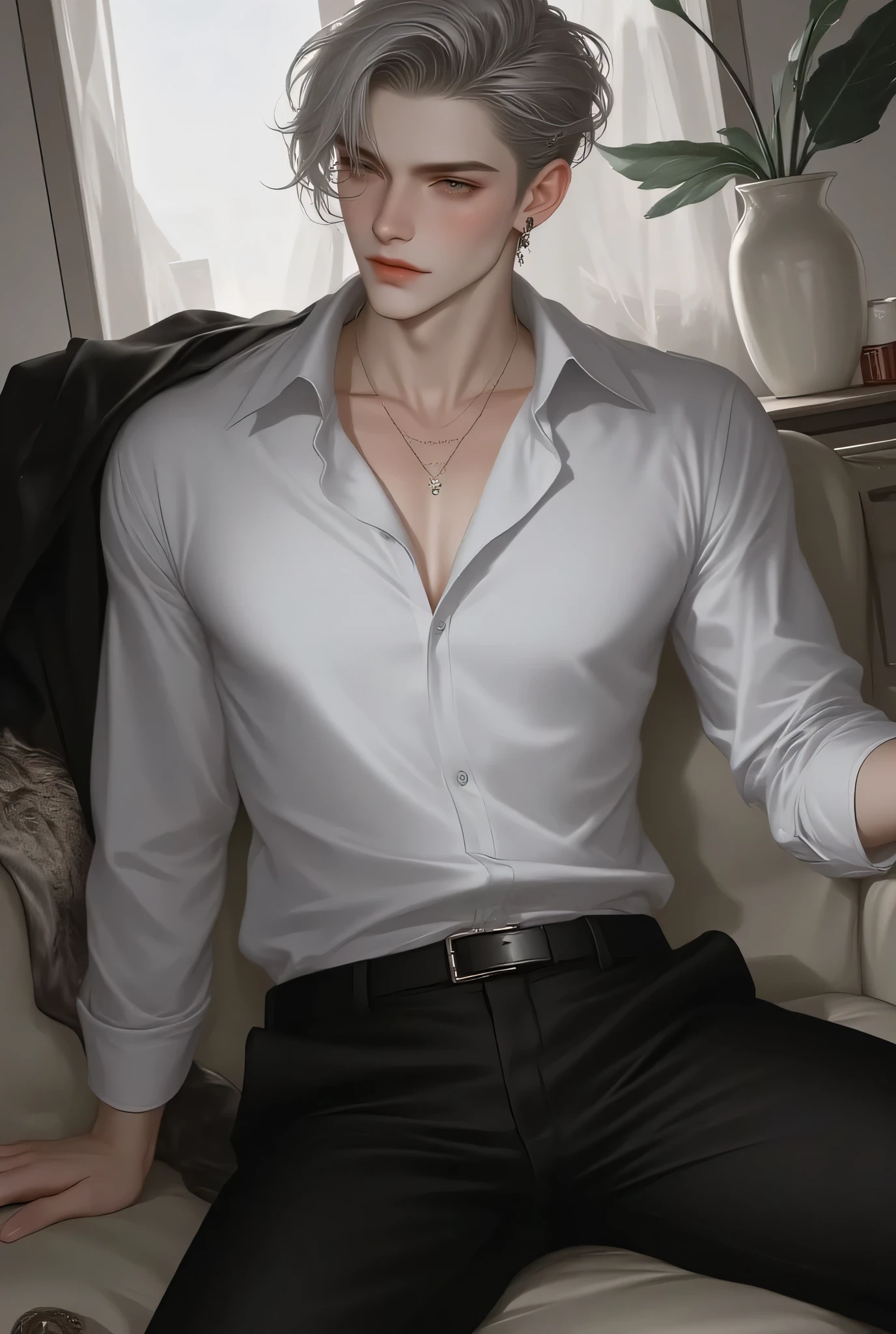 Man 1,About 24 years old, Neatly styled hair with a gray blonde sheen,golden eyes,introduces stylish elements. Hair drifts to one side of the head, , with soft lighting highlighting textures and colors. . The person wears a double-breasted shirt., Zigpak muscle. black trousers fit, emphasizes a friendly look. background consists of the living room,sofa,book,furniture,Softness. The neutral tone, , makes the subject stand out noticeably. . The overall composition uses clean lines and light shading., , gives the image a modern look, Look shiny . scenes and the atmosphere of the picture is minimal, With an emphasis on the upper body and the subject's face, calming, minimalist environment.