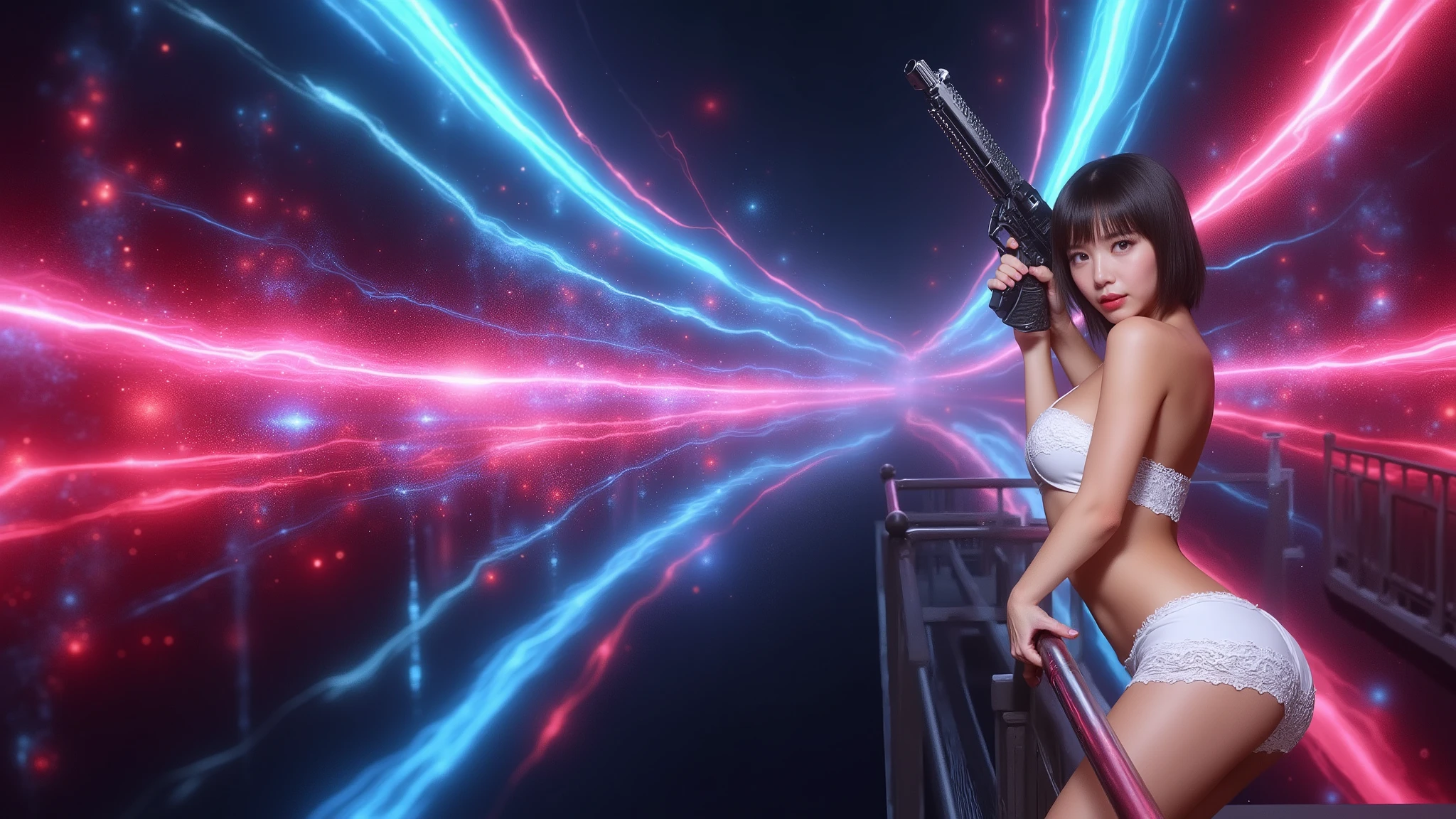 ((photo-realistic)), a sexy large-breast:1.1 Japanese woman, facing camera, cleavage, (((side boob))), hip up, slim face, slim:0.1 body, well-lit face, (((sexy-thigh:1.1, super hot short:0.1 lace transparent dress))), (((aiming with a short:0.1 pistol, balcony))), well-lit:1.2, digital art, concept art, dramatic lighting, neon lights, cinematic composition, blurred background.