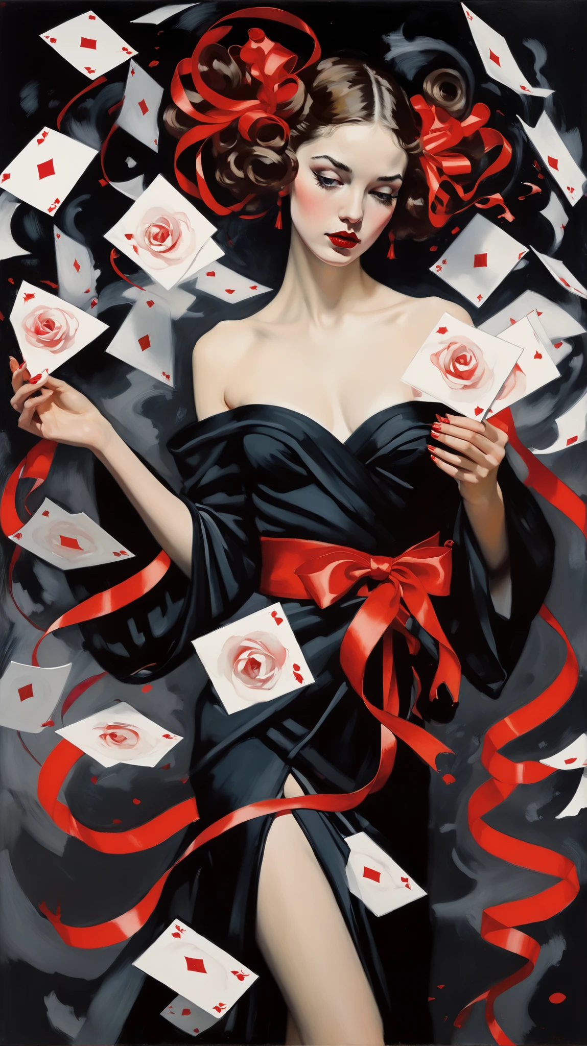 Norman Rockwell style,chiaroscuro technique on sensual illustration of an elegant glamour a girl A mysterious figure with swirling red ribbons and floating cards creates an ethereal dance against a dark mystical background. vintage beauty, eerie, the model draped in flowing, thick oil painting, by Hannah Dale, by Harumi Hironaka, extremely soft colors, vibrant, highly detailed, malcolm liepke painting, oil on canvas, high contrast, dramatic, refined, tonal, each displaying intricate red ink drawings that add a sense of mysticism and enigma to the scene