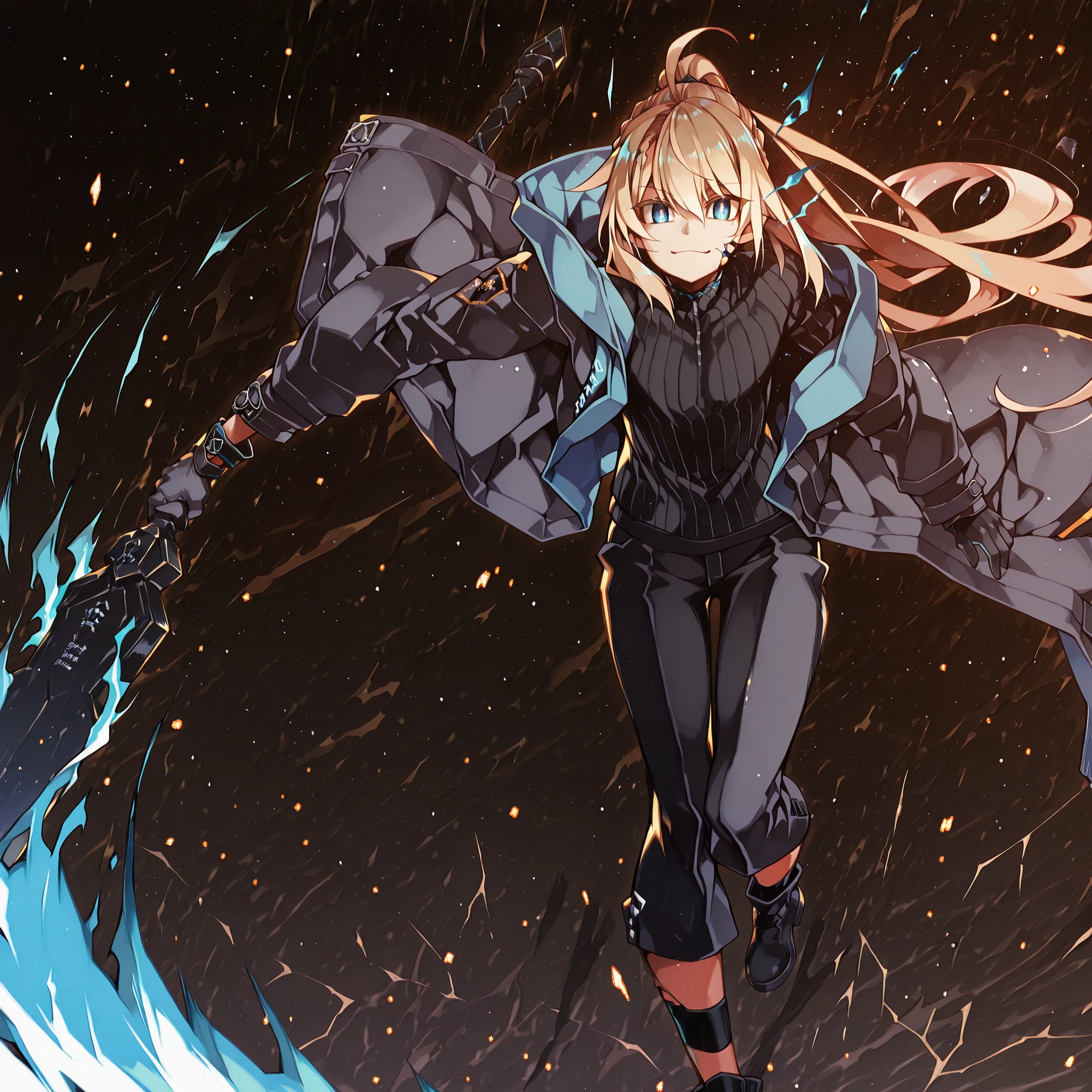 A short and solitary male character, a young teenager about 1.70 meters tall, with a style and aura similar to Amiya from Arknights, but unmistakably masculine. He possesses a face similar to that of Artoria Pendragon Ruler from Fate Grand/Order. He possesses a face similar to that of Artoria Pendragon Ruler from Fate Grand/Order.His face is feminine
He has long blonde hair, similar to Sylpha Langlis (but blonde). His hair is styled in the Shikei style and tied into a very long ponytail.
His eyes are visible and bright blue, clearly staring at the viewer. His eyes are bright blue, fully exposed. His eyes are bright blue, fully exposed. His blue eyes are completely visible.
Clothing:
He wears a black turtleneck sweater, black military pants, and black military boots.
Most importantly, he wears a black coat with blue accents, identical in every detail to Amiya’s coat from Arknights — same fabric, cut, blue highlights, length, hood design, zippers, and proportions. The coat fits perfectly, without slipping. Gloves identical to Amiya’s from Arknights.
Pose and Expression:
Black background, body of a young male teenager. Dynamic motion pose: one leg forward, torso slightly twisted, coat and ponytail flowing.
He conjures a large blue flame in one hand while holding an enormous black greatsword with a bright blue blade in the other. The colossal sword looks like stone, cracked, releasing energy from the fractures. The blade is blue. The blade is blue. The blade is blue. The blade is blue. He controls a bright blue flame in his free hand. He controls a bright blue flame in his free hand.
Looking directly at the viewer with a smug and playful expression.
Atmosphere and Style:
Youthful energy. Ultra-detailed, sharp, clean anime style. Deep black background with cinematic lighting emphasizing his short stature and powerful aura. Perfect image, perfect face, perfect eyes, hair styled in Shikei style.
The character is a boy. Male , male , male , male .