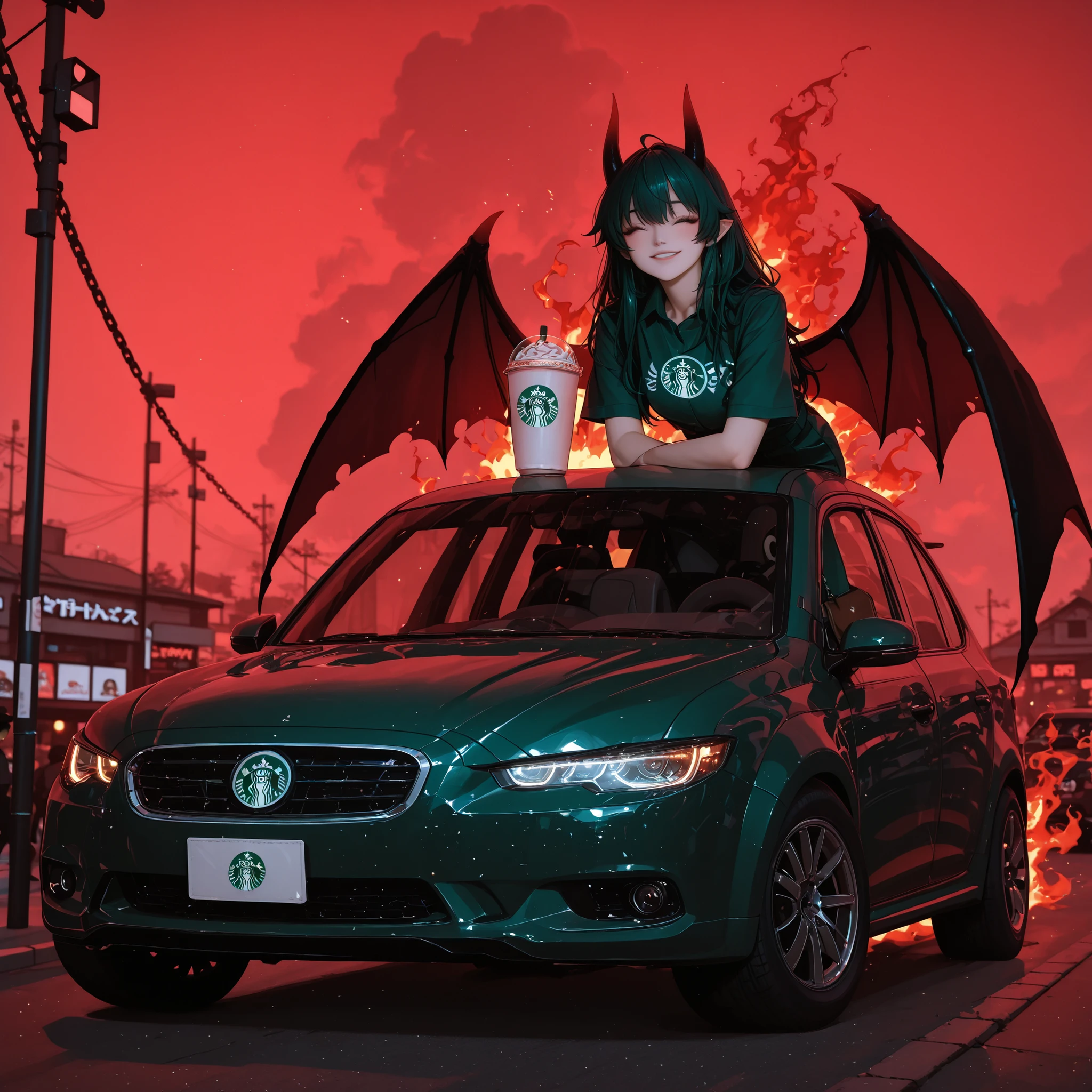 Starbucks delivery staff working、Starbucks delivery staff working on a “mobile Starbucks” minivan、car body with a black and dark green Starbucks design、shines reflecting lava light、delivery staff wear heat-resistant suits、deliver coffee to the devils、The background is the streets of hell、Giant Chain、Red Sky、Erupting Flames、demons that line up as customers have horns and wings、casting huge shadows, but、smiling looking forward to coffee、cinematic from behind、High Details、dramatic lighting、Fantastic and dark