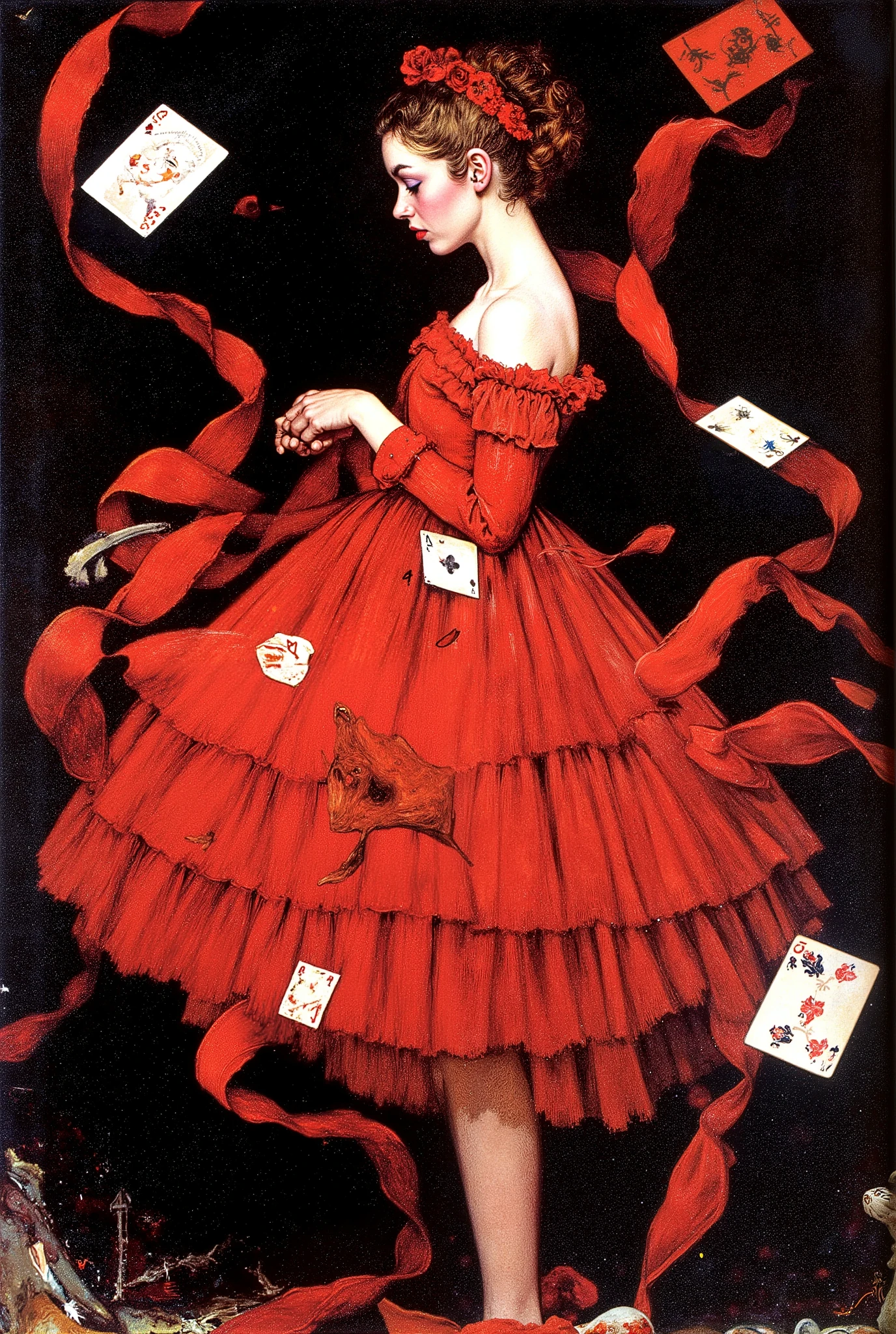 Art by Norman Rockwell,chiaroscuro technique on sensual illustration of an elegant  glamour a girl A mysterious figure with swirling red ribbons and floating cards creates an ethereal dance against a dark mystical background. A dark and twisted frame in a horror style , inspired by a nightmarish version of Beauty and the Beast ., by Hannah Dale, by Harumi Hironaka, extremely soft colors, vibrant, highly detailed, malcolm liepke painting, oil on canvas,  high contrast, dramatic, refined, tonal, each displaying intricate red ink drawings that add a sense of mysticism and enigma to the scene