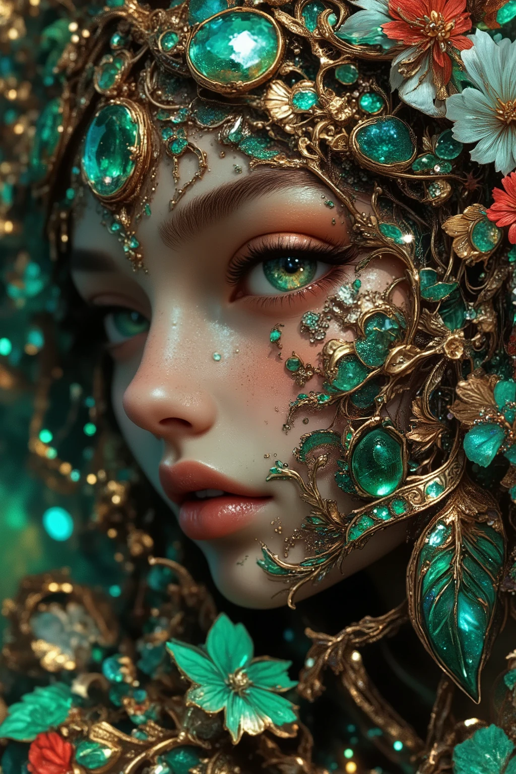 (masterpiece:1.6), (ultra-detailed:1.6), (hyperrealistic-fantasy:1.5), (HD-face:1.5), (sharp-focus:1.5), (vivid-colors:1.5), (perfect-symmetry:1.4), (fantasy-carnival-style:1.4), (intricate-ornaments:1.6), (ornament-details:1.6), (precise-gemstones:1.6), (refined-jewels:1.6), (large-but-elegant-gems:1.45), (emerald-and-gold-palette:1.4), (complex-engraving:1.55), (micro-details:1.55), (clean-lines:1.5), (silky-skin-texture:1.45), (high-definition-eyes:1.6), (golden-teal-glow:1.3), (flower-crown-boost:1.5), (lush-petals:1.4), (perfect-soft-light:1.4), (no-distortion:1.5), (no-muddy-textures:1.5), (no-asymmetry:1.45), (no-artifacts:1.5), (no-low-quality:1.6)
Retrato fantasia de carnaval de uma jovem de beleza surreal close-up profundo, pele impecável com brilho suave; olhos grandes extremamente detalhados, com reflexo cristalino; expressão calma e delicada. Ornamentos de carnaval em estilo fantasia: tiara monumental com ouro entalhado, arabescos minuciosos, fios metálicos ultrafinos, microtexturas, relevos complexos, pequenos símbolos ocultos; pedras preciosas grandes porém elegantes (turquesas luminosas, esmeraldas translúcidas, gemas facetadas com brilho interno). Flores vivas ao redor do rosto, pétalas saturadas, composição harmoniosa, verde esmeralda intenso em contraste com vermelho vibrante; iluminação limpa e suave destacando cada textura. Fios de cabelo integrados ao metal, sem falhas, sem irregularidades. Cores saturadas, imagem extremamente nítida, profundidade cinematográfica.