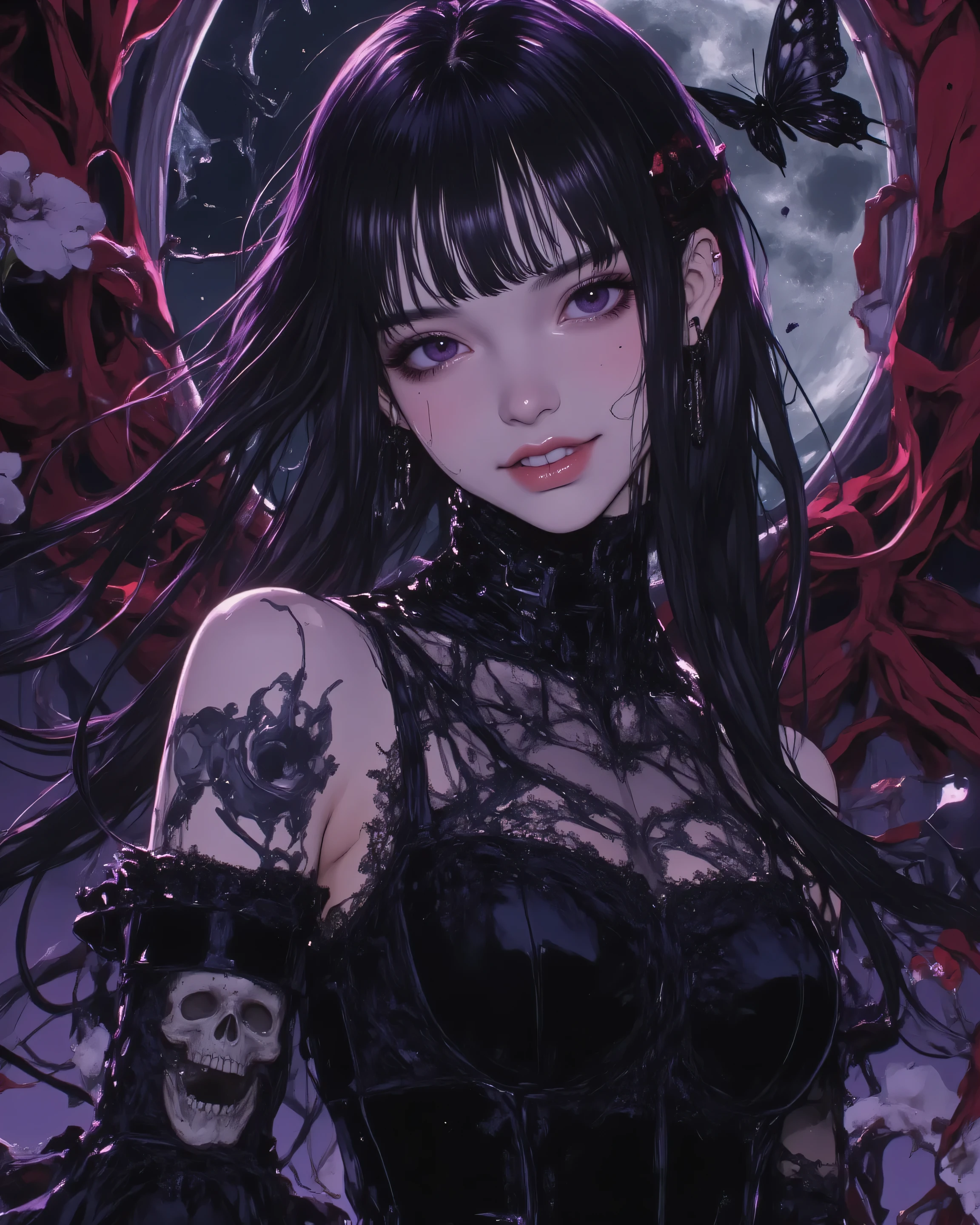 masterpiece, top quality, Ultra Details, beautiful face, perfect eyes, Symmetrical Surfaces ,
1girl, solo, The Japanese villain, A false innocent smile full of hidden malice, long straight dark hair with perfect bangs, cold purple eyes with dark shadows, White Perfect Skin,
Elegant black gothic lolita dress with lots of lace and ribbons,
dual personality expression: smiles like an angel with half his face, half sadistic smile with sharp teeth, or a real evil face due to mirror reflection,
broken Dark and luxurious mansion background with mirrors and wilted flowers, moonlight shining through curtains, black butterfly with a skull pattern, dramatic purple and crimson lighting, low angle, perfect anatomy, No deformities