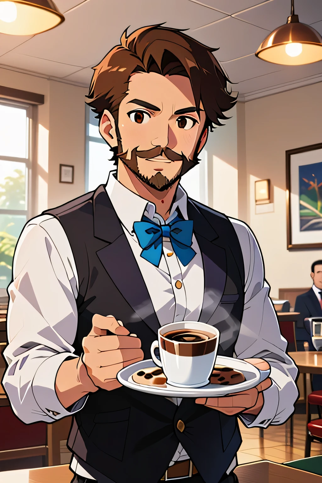 Benjamin Carter Davis (short brown hair, short beard, mustache, brown eyes, refined looking) wearing (white buttonup shirt, black vest, crimson jacket, bowtie) holding a tray of coffees