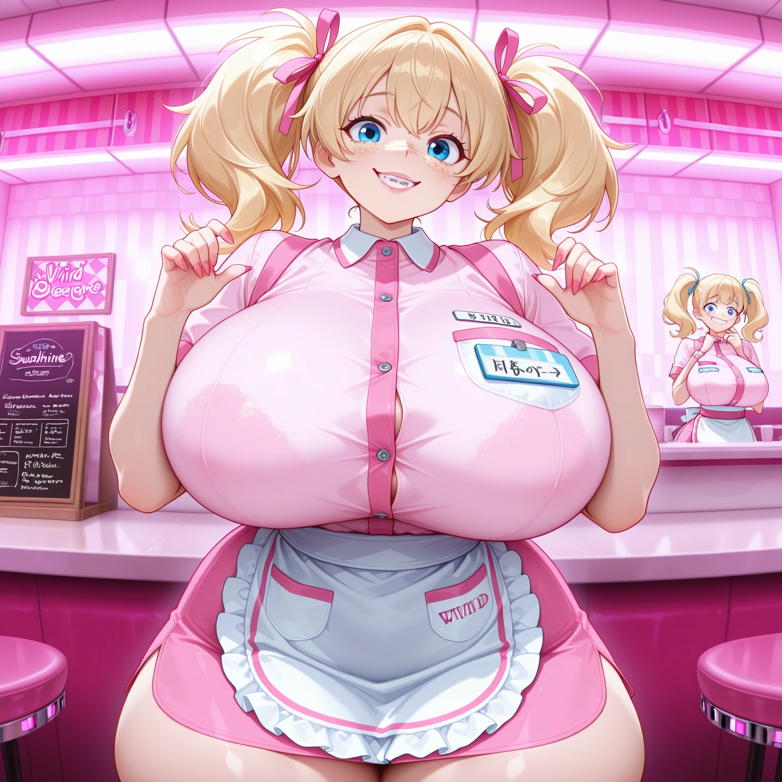 ((((1girl)))), ((anime)), ((sandy blonde hair)), blonde hair ((long hair)), ((((curly hair)))), ((ahoge)), ((pink hibiscus flower in hair)), (((((tan skin))))), (huge breasts) ((yellow eyes)), ((siren eyes)), ((cleavage)), ((thick thighs)), ((thick lips)), ((((wide hips)))), ((thick)), (((curvy))), ((thighhighs)), ((lace)), super detailed, ((dynamic)), ((smirk)), ((dynamic)), ((high angle)), ((indoors)), green and pink, pink room, girl room, ((kawaii)) room, Japan, hearts, ((hearts in the air)), pink hearts, blonde hair, sparkles, host, club scene ((closing her eyes)) ((smiling with her teeth)) ((doing price sign with hands))