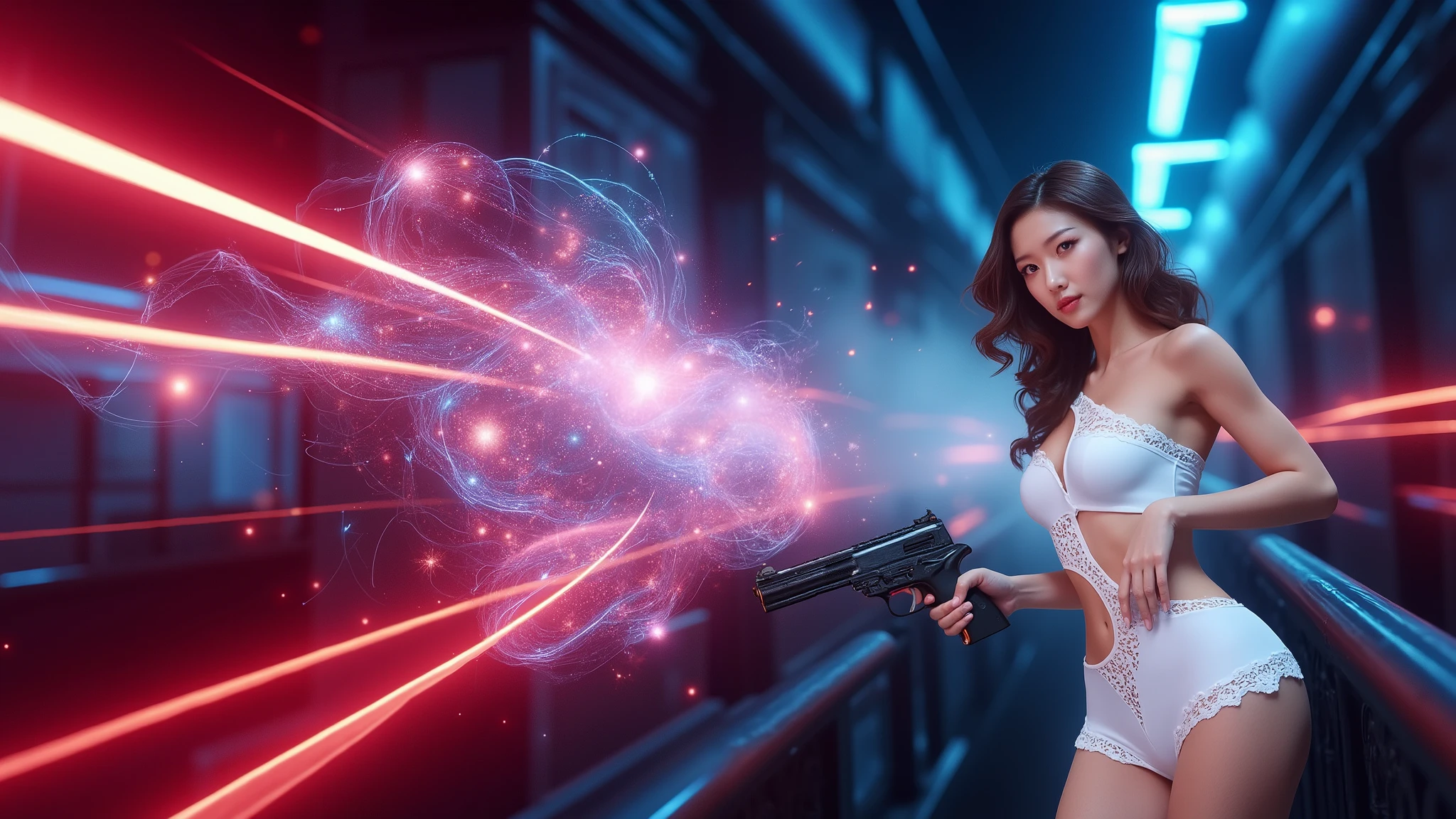 ((photo-realistic)), a sexy large-breast:1.1 Japanese woman, facing camera, cleavage, (((side boob))), hip up, slim face, slim:0.1 body, well-lit face, (((sexy-thigh:1.1, super hot short:0.1 lace transparent dress))), (((aiming with a short:0.1 pistol, balcony))), well-lit:1.2, digital art, concept art, dramatic lighting, neon lights, cinematic composition, blurred background.