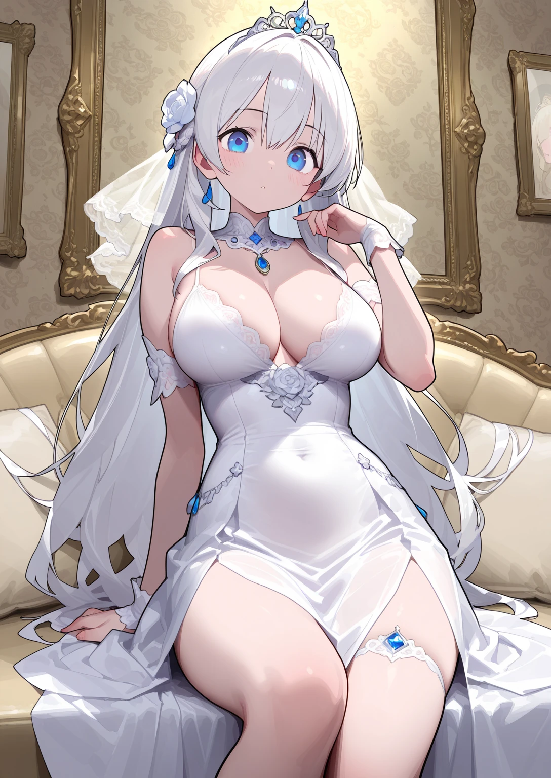 masterpiece, best quality, newest, absurdres, highres, AhEtoBlehMeme, closed eyes, tongue out, :p, hands on own head, smile,  <lora:AhEtoBlehMeme_illusXLNoobAI_Incrs_v1-000008:1>, cowboy shot,  <lora:Illustrious-AL-AIO-ILXL:1> ahoge, bare shoulders, elbow gloves, long hair, tress ribbon, white dress, white gloves, white hair, tri tails, sunhat, white headwear, choker, blue gem, large breasts, indoors, sitting,