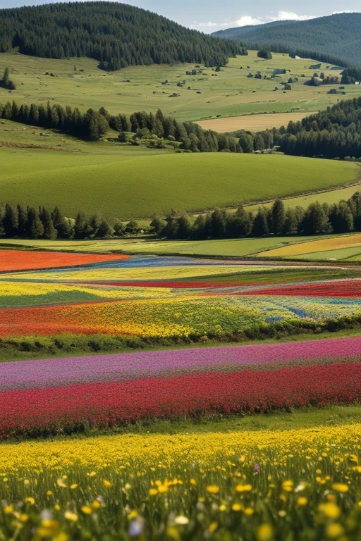 high definition images 、 flower fields in the Swiss highlands 、 Best film 、 A plateau with a cool breeze 、 Magical beings hidden in the meadow and mysterious colorful flowers 、 8K( High quality seven-colored flowers ) A plateau full of fantasy、 A refreshing image of the plateau landscape。You can see the urban landscape under the plateau