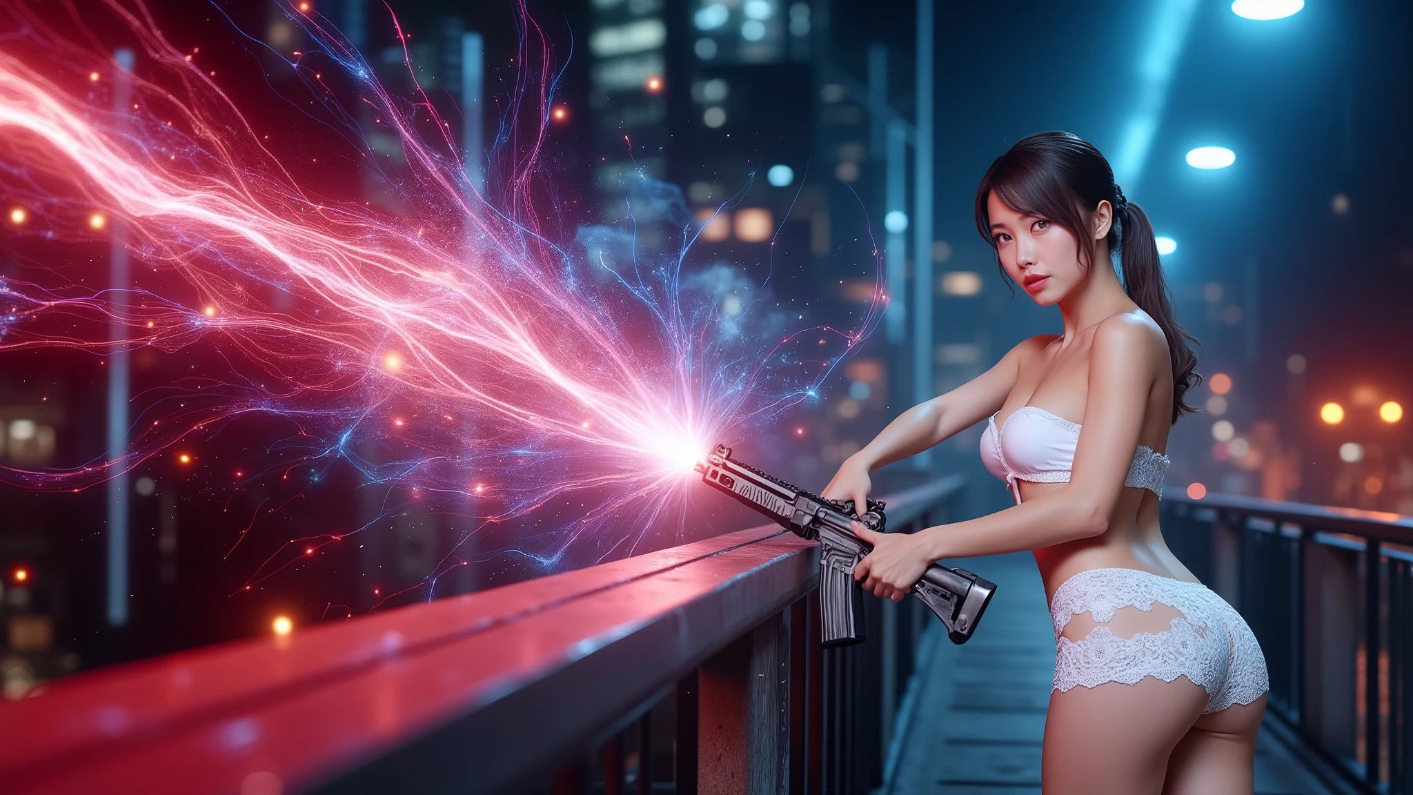 ((photo-realistic)), a sexy large-breast:1.1 Japanese woman, facing camera, cleavage, (((side boob))), hip up, slim face, slim:0.1 body, well-lit face, (((sexy-thigh:1.1, super hot short:0.1 lace transparent dress))), (((aiming with a short:0.1 pistol, balcony))), well-lit:1.2, digital art, concept art, dramatic lighting, neon lights, cinematic composition, blurred background.