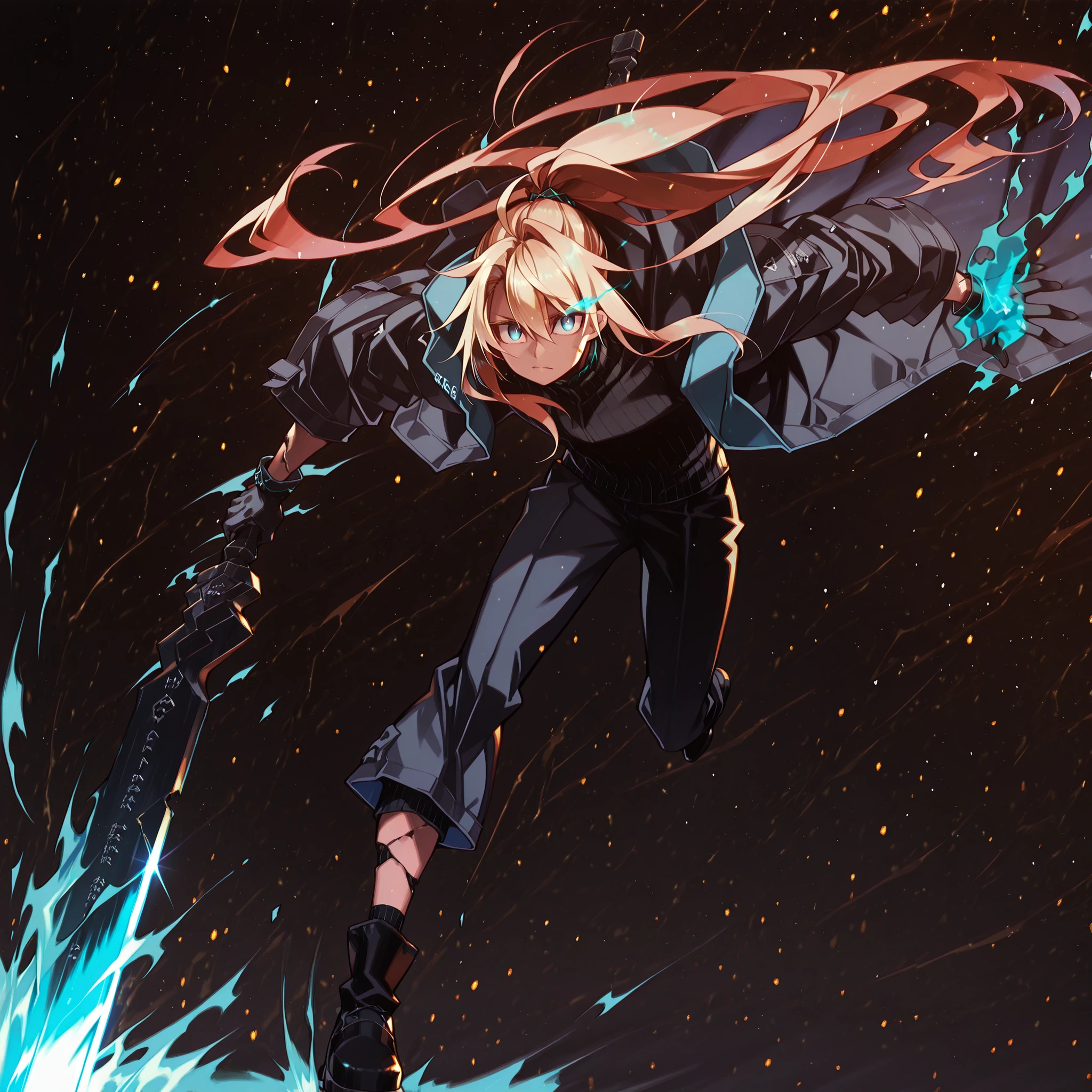 A short and solitary male character, a young teenager about 1.70 meters tall, with a style and aura similar to Amiya from Arknights, but unmistakably masculine. 
His face is feminine. His face is feminine.

He has long blonde hair, similar to Sylpha Langlis (but blonde). His hair is styled in the Shikei style and tied into a very long ponytail.

His eyes are visible and bright blue, clearly staring at the viewer. His eyes are bright blue, fully exposed. His eyes are bright blue, fully exposed. His blue eyes are completely visible.

Clothing:
He wears a black turtleneck sweater, black military pants, and black military boots.
Most importantly, he wears a black coat with blue accents, identical in every detail to Amiya’s coat from Arknights — same fabric, cut, blue highlights, length, hood design, zippers, and proportions. The coat fits perfectly, without slipping. Gloves identical to Amiya’s from Arknights.

Pose and Expression:
Black background, attacking stance, body of a young male teenager. Dynamic motion pose: one leg forward, torso slightly twisted, coat and ponytail flowing.
He conjures a large blue flame in one hand while holding an enormous black greatsword with a bright blue blade in the other. The colossal sword looks like stone, cracked, releasing energy from the fractures. The blade is blue. The blade is blue. The blade is blue. The blade is blue. He controls a bright blue flame in his free hand. He controls a bright blue flame in his free hand.

Atmosphere and Style:
Youthful energy. Ultra-detailed, sharp, clean anime style. Deep black background with cinematic lighting emphasizing his short stature and powerful aura. Perfect image, perfect face, perfect eyes, hair styled in Shikei style.

The character is a boy. Male , male , male , male .