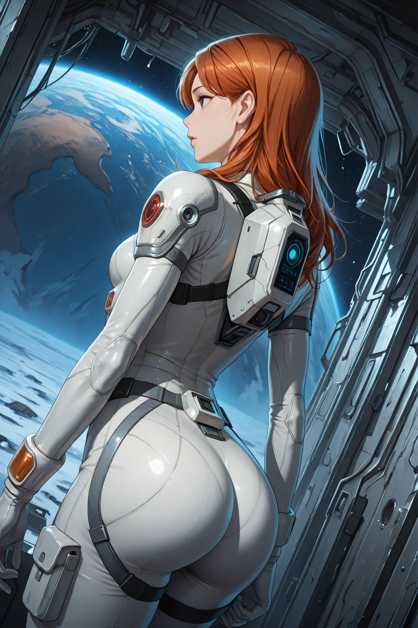 high resolution images, masterpiece, Highest Quality, amazing quality, official art, Highly detailed, Wallpaper, 1 girl, slim frame, A very attractive and slim woman wearing a tight spacesuit walks in an abandoned planet, view from the side, ass, dynamic angle,