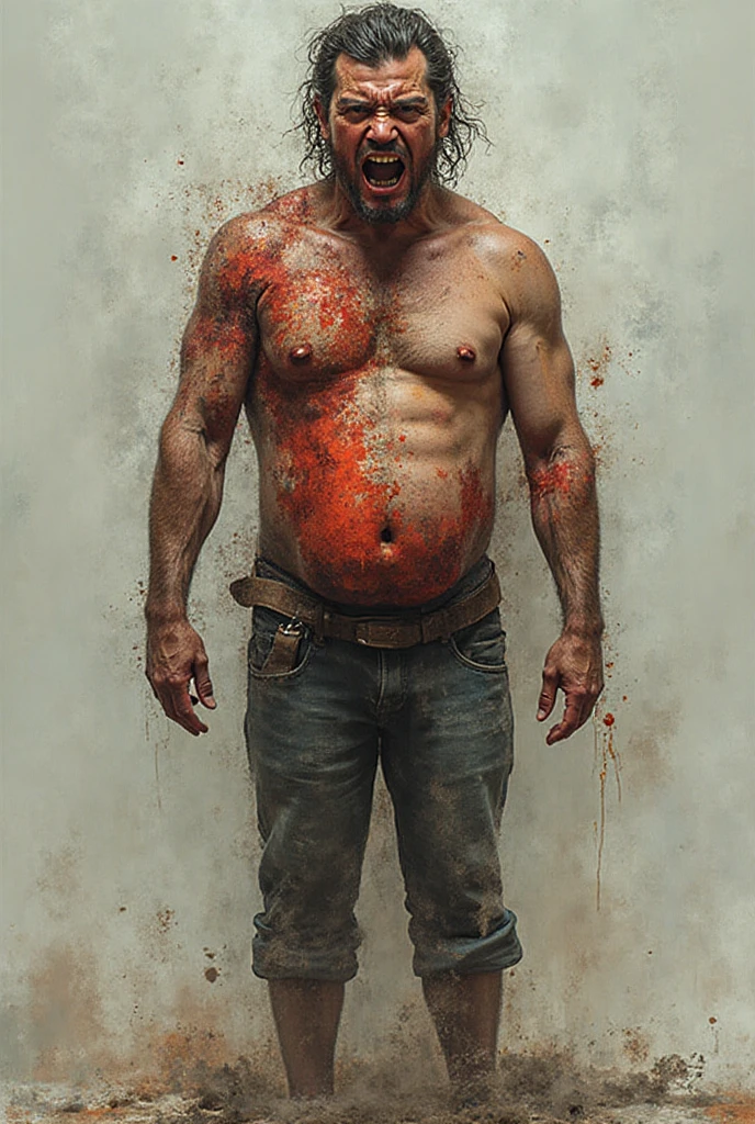 An illustrated movie poster, hand-drawn, full color, a male gluttony demon, 28 years-old, shirtless with blood stains, reddish skin, stocky physique, protruding belly, slightly chubby, deep brown eyes, wide bulbous nose, full lips, black hair, curly hair, thick bushy eyebrows, extremely hairy ?????, stomach, and arms, lots of body hair, surrounded by fire, hard shadows, graphite shading, stencil markings, airbrushed acrylic paint, masterpiece