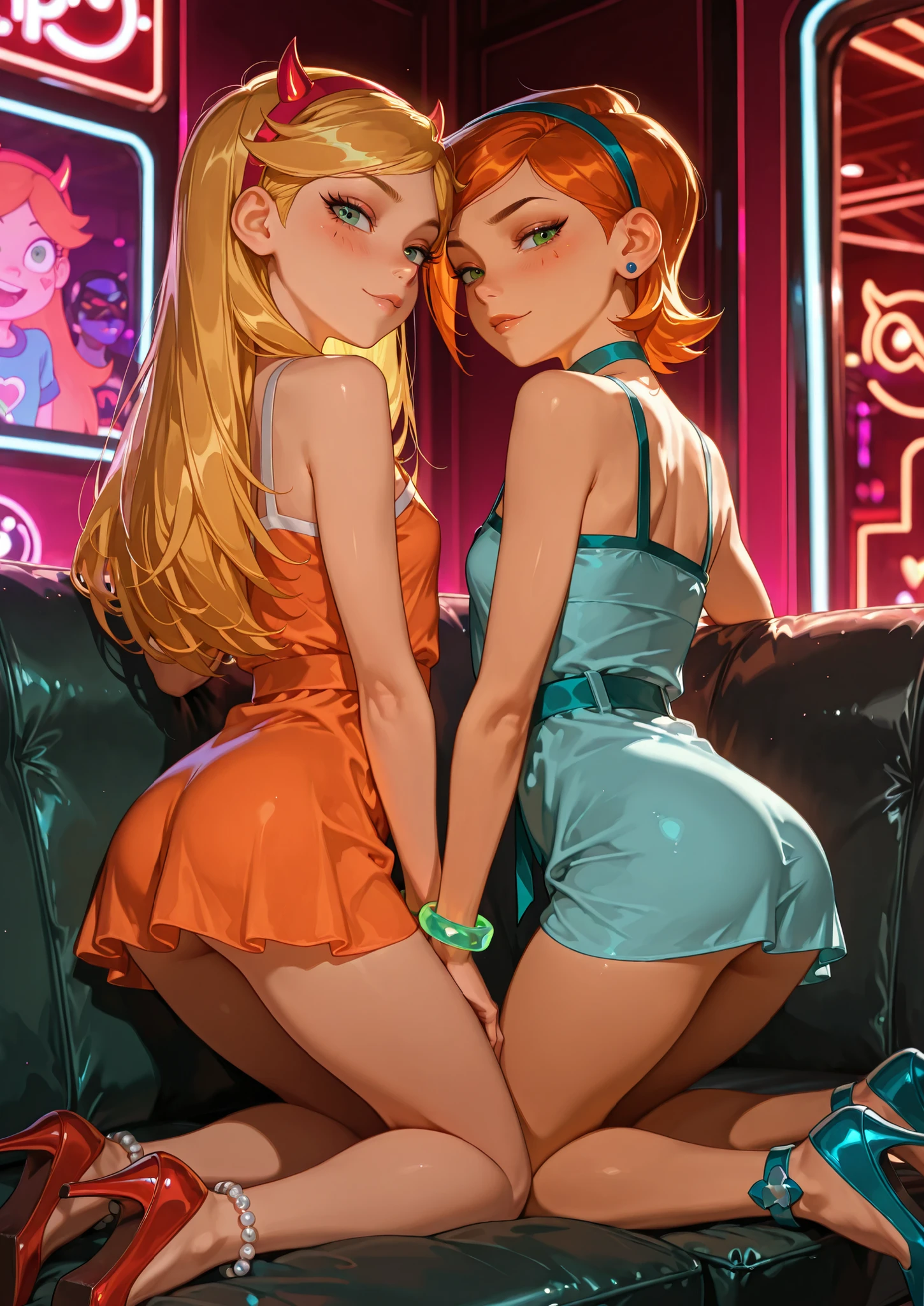 2girls, ( girl 1 is star butterfly, star butterfly versus the forces of evil, short dress), ( girl 2 is Gwen Tennyson, Ben 10, short dress), kneeling on the couch, nightclub, vip lounge, short dress, bracelets, leg jewelry, high heels, looking back, seductive, sexy poses, alluring atmosphere, cinematic lighting, BREAK, masterpiece, superb quality,warm color,high resolution,high fashion,absurdres extremely,vivid colors,intricate details,best quality,amazing quality,very aesthetic,newest,ultra-detailed,nsfw,