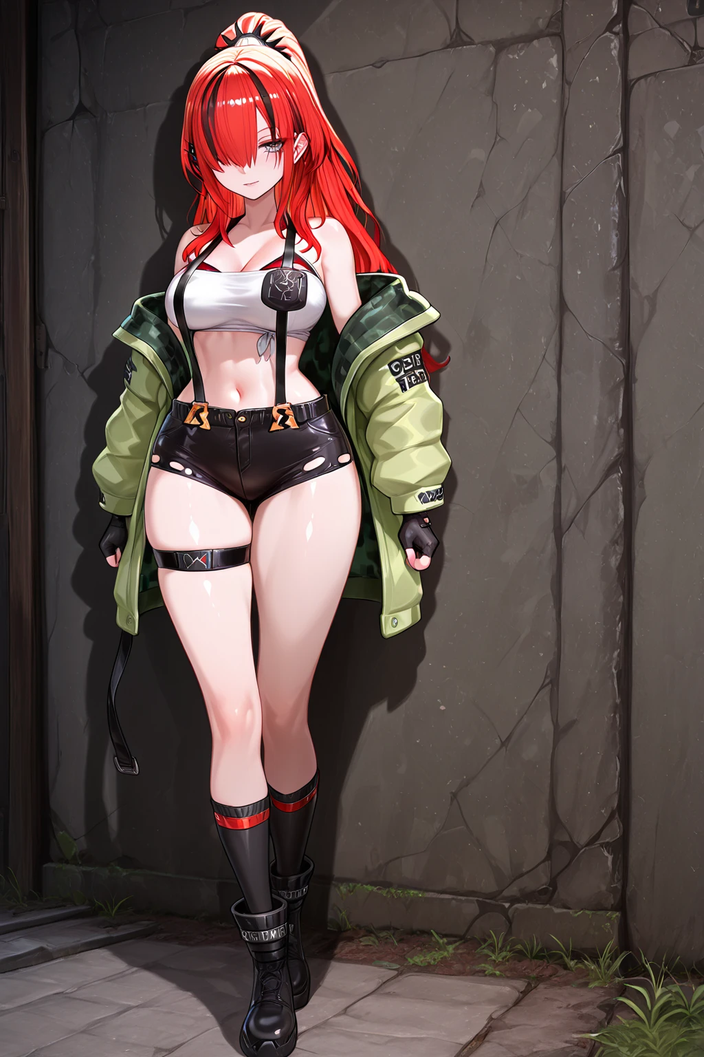 Fire horns, cyberpunk, armor in the style of Horizon Zero Dawn, Red-haired girl, fiery, green eyes, pigtails, a wreath of fire horns on her head, barbarian, a huge techno cannon in her hands, a huntress, bones on the body, insect plates, chitin, fur, small bones, light bones and red fur on the shoulders, dark leather stockings made of strips of cut leather on the legs, ropes and light bones on the body,  thin , a small  made of bones, bright red hair, jewelry made of horns, a fur gun. Instead of underpants, rope, bones and chitin, fur shoulder pads and with chitin, a tail of hair on the back of the head, a short haircut, a bionic cannon in the form of the mouth of a wolf, shark, dragon look up. The girl has green eyes, a playful look, a good-natured smile, a neat nose, tight , tight , mini-, leaky , torn fabrics, a lot of torn fabrics, a lot of holes in fabrics, a cannon with a monster's head, a cannon barrel in the form of a monster, a flame bursts out of her mouth, a portal in a cannon. The girl has short hair, a ponytail at the back is short and looks up, fur shoulder pads, a jacket on the shoulders, a torn , the  is open, diagonal straps all over the body, powerful energy escapes from the open toothy mouth of a cannon, a bird's skull on a girl's belly, tattoos, vertebrae on the edges of stockings, cyberpunk, ethnic style of clothing, vintage clothes, worn, prehistoric style, prehistoric jacket, elbow pads made of insects,  chitinous cannon, bionic cannon, torn jacket sleeves, chitinous plates on the jacket, flame flashes, cyberpunk, the whole cyberpunk style, a lot of technology, technologies of the future, futurism, science fiction, fantasy, wildness, sexuality, emphasized , cold lighting, flames from everywhere, a lot of fire, bones on the shoulders, small details on the shoulders, a skull on the belt, the girl has curly hair, tattoos on her face, maximum , diagonals, caveman,  prehistoric image,